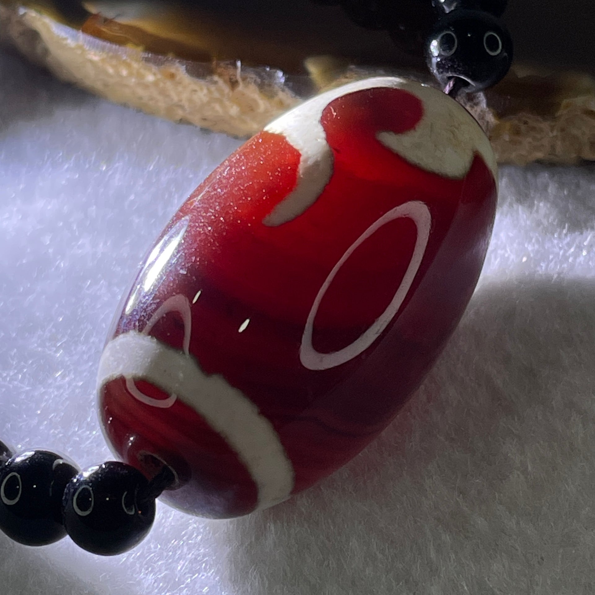 Natural Powerful Tibetan Old Oily Agate Ruyi Dzi Beads with Black and Blue Onyx Necklace 44.06g 38cm 36.6 by 21.4mm - Huangs Jadeite and Jewelry Pte Ltd