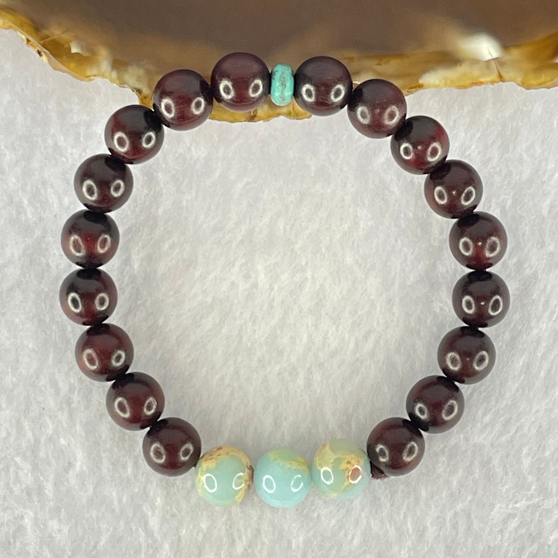 Natural Blood Rosewood with Variscite Beads Bracelet 天然血檀寿山石手链 8.27g 15cm 8.7mm 3 Beads 8.4mm 18 Beads - Huangs Jadeite and Jewelry Pte Ltd