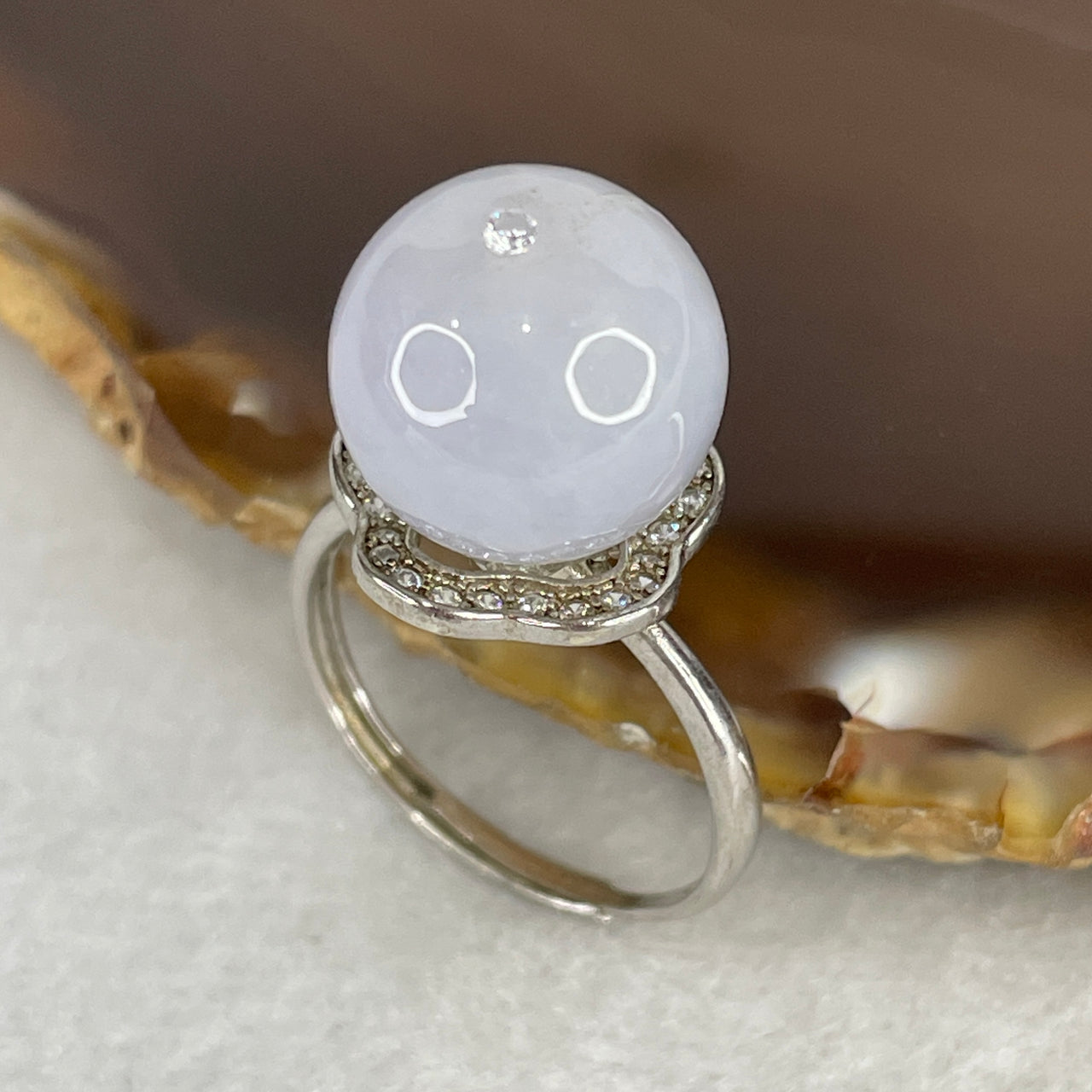 Type A Light Lavender Jadeite Grand Spherical Ball Bead Ring | Fully Translucent Imperial Orb | Solid S925 Sterling Silver Crown Setting | Smart Adjustable Sizing (5.61g 12.8mm)