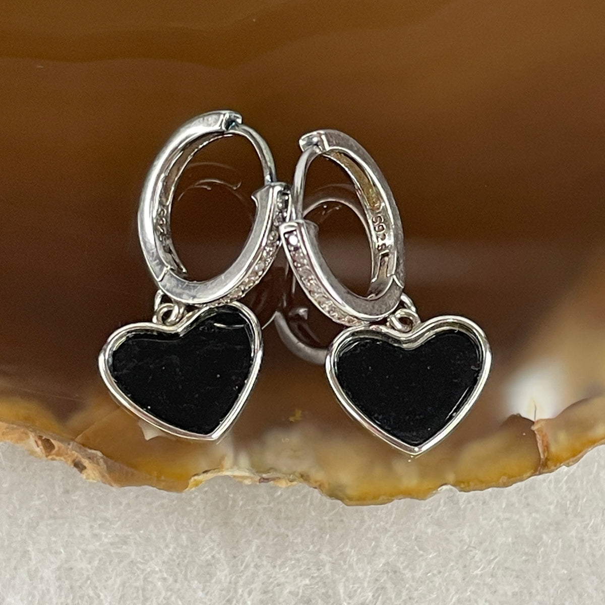 Certified Type A Black Omphacite Jadeite Heart Earrings in S925 Sterling Silver | Romantic Protection Studs (3.62g | 8.2 x 9.9 x 1.5mm)