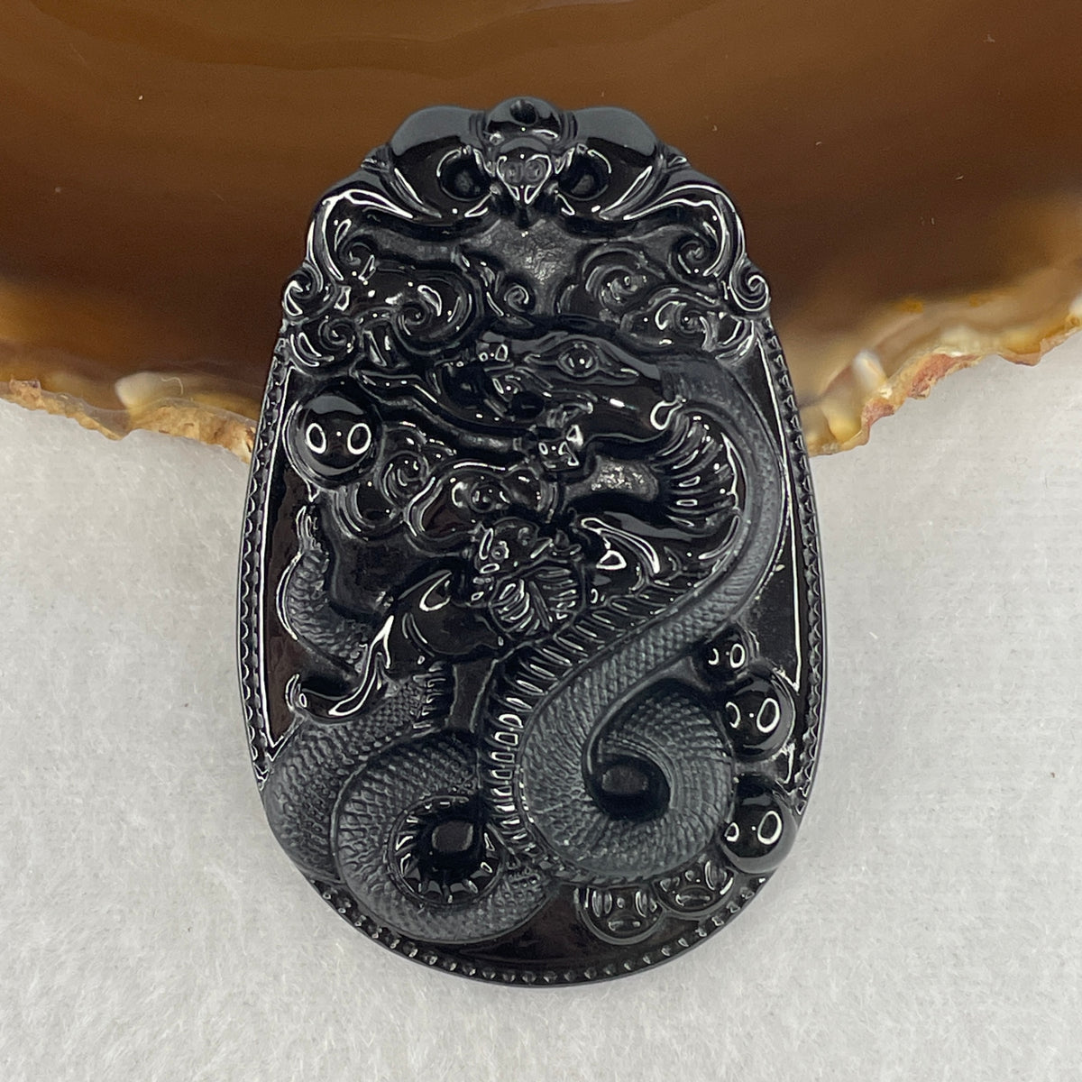 Certified Type A Opaque Black Omphacite Jadeite Snake, Bat & Ruyi Pendant | Courage, Swift Fortune & Authority Talisman (24.50g | 59.8 x 39.9 x 9.7mm)