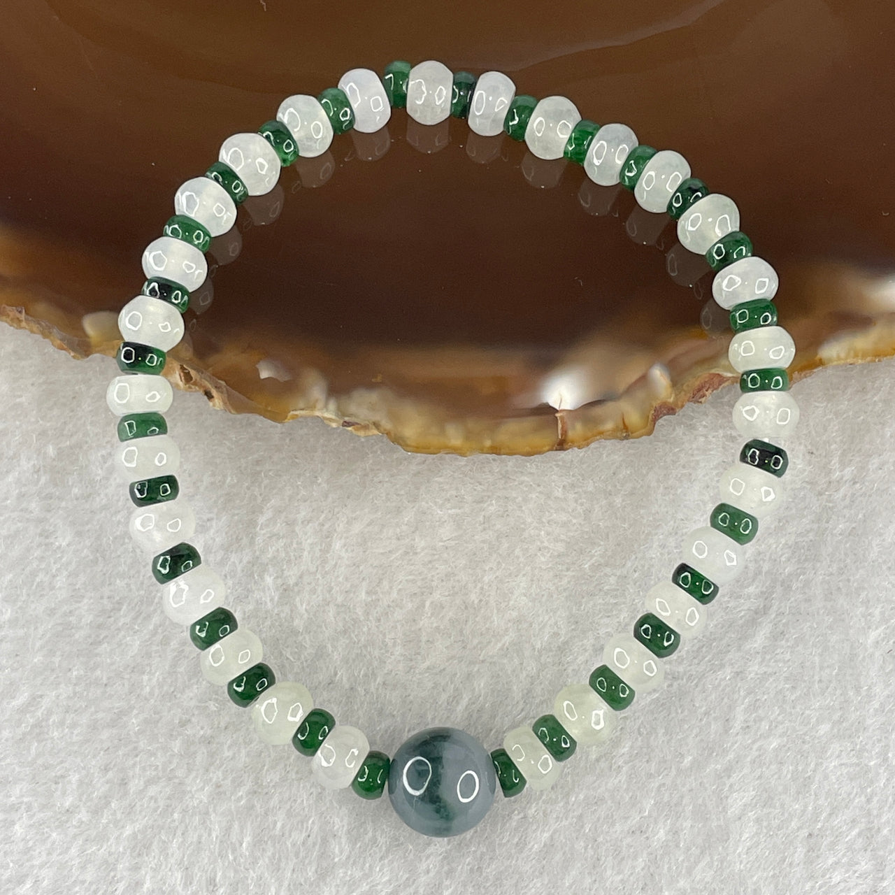 Natural Type A Jadeite Bracelet | Semi-Icy White with Old Mine Spicy & Blueish Green Donut Abacus Beads (10.93g, 15.5cm)