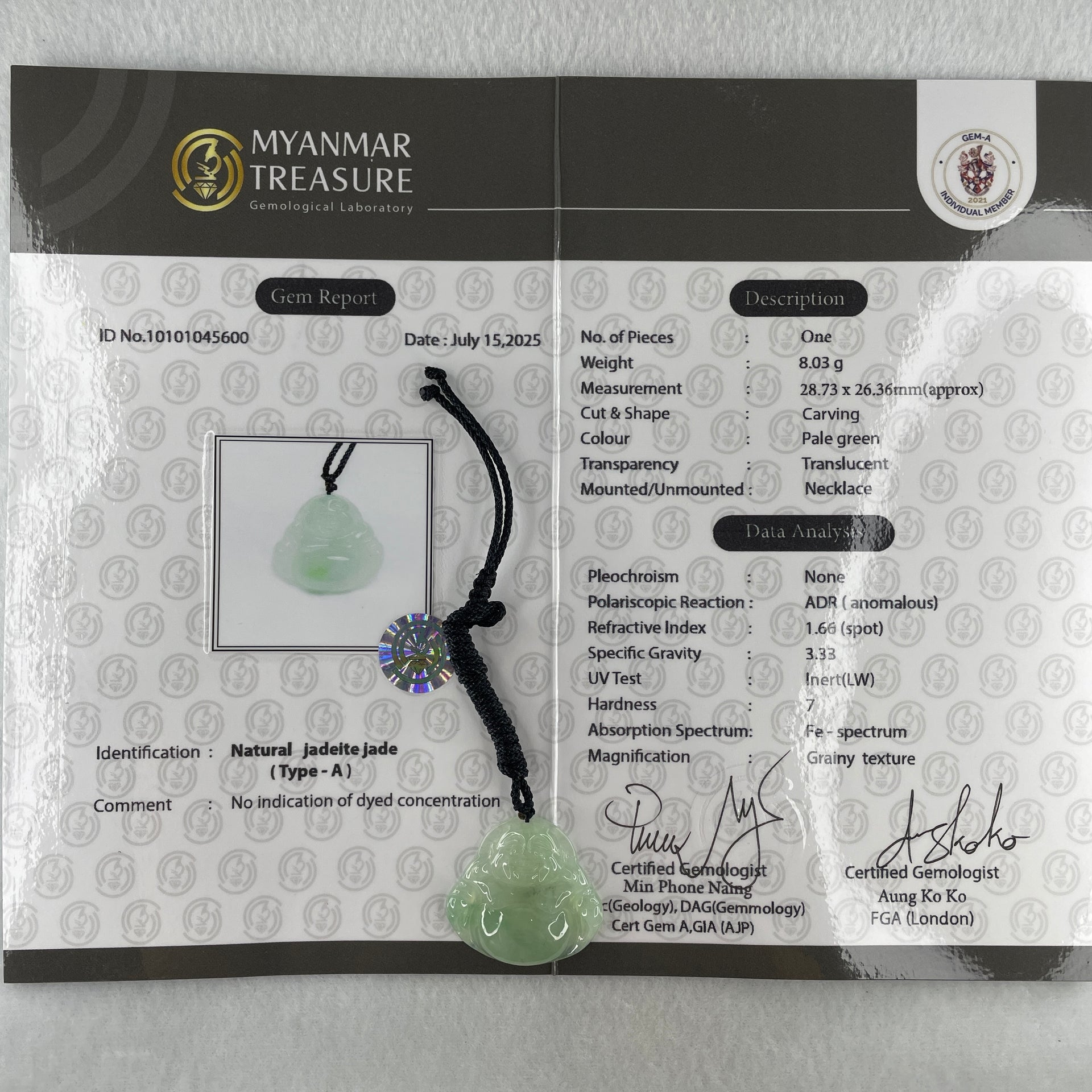 Type A Natural Semi Icy Light Green Jadeite Milo Buddha Pendant 8.03g 28.1 by 30.6 by 6.9mm - Huangs Jadeite and Jewelry Pte Ltd