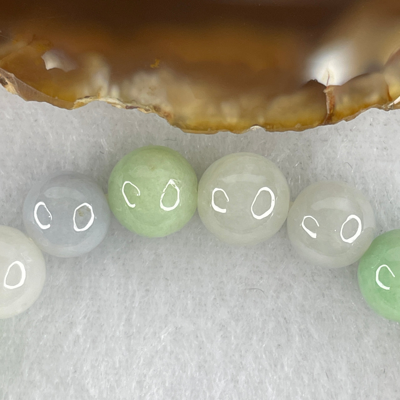 Natural Type A Tricolor Jadeite Bracelet | 15.5cm Petite 9.4mm Round Light Green Lavender White "Three Happiness" Bead Strand (27.28g, 21 Beads)