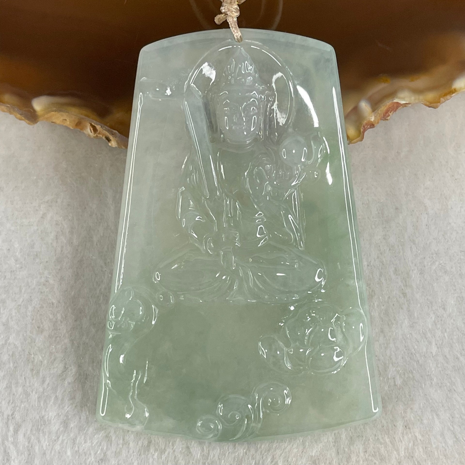 Type A Icy Green with Green Piao Hua Jadeite Guan Yin Bodhisattva Pendant 30.08g 63.4 by 44.1 by 5.3mm - Huangs Jadeite and Jewelry Pte Ltd