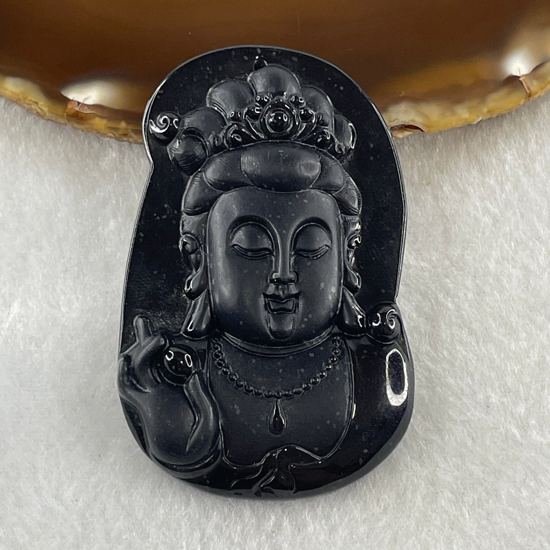 Type A Opaque Black Omphacite Jadeite Guan Yin Pendant 25.49g 60.0 by 38.3 by 9.5mm - Huangs Jadeite and Jewelry Pte Ltd