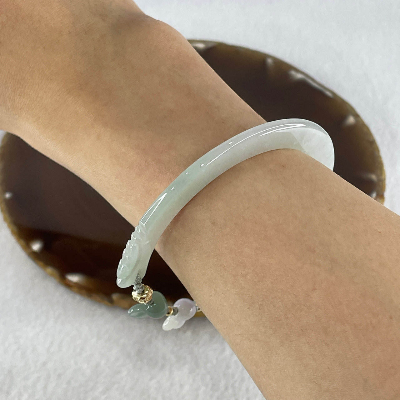 Natural Type A Light Green Jadeite Double Dragon Heads with Rabbit Charm Bracelet18.59g 18cm 3.8 by 8.5mm - Huangs Jadeite and Jewelry Pte Ltd