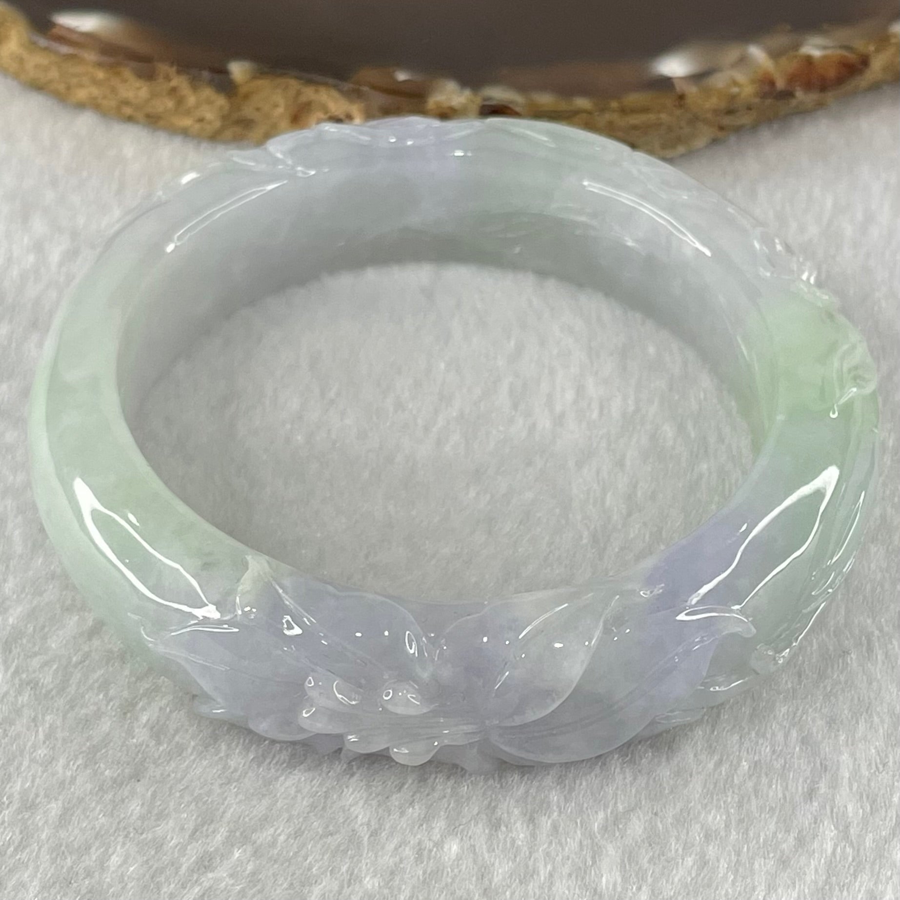 Type A Lavender and Green Jadeite Prosperity Flower Bangle 64.58g Internal Diameter 54.7mm 14.7 by 9.6mm (Internal Lines) - Huangs Jadeite and Jewelry Pte Ltd