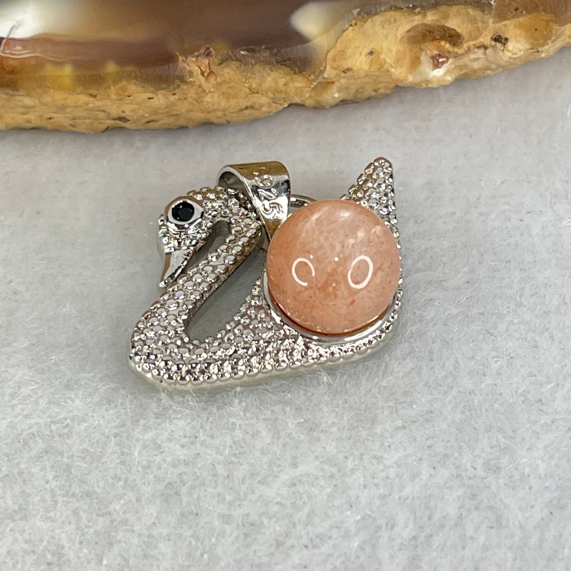 Natural Sunstone Bead with Crystals in S925 Sliver Swan Charm 3.27g 7.7mm - Huangs Jadeite and Jewelry Pte Ltd