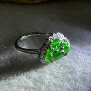 Type A Icy Green Omphasite Jadeite Milo Buddha with Crystals in Sliver Ring (Adjustable Size) 1.82g 8.9 by 13.2 by 2.5mm - Huangs Jadeite and Jewelry Pte Ltd