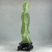 Natural Green Serpentine Fairy with Fan and Flower with Wooden Stand Display 476.2g 130.0 by 70.0 by 225.0mm - Huangs Jadeite and Jewelry Pte Ltd
