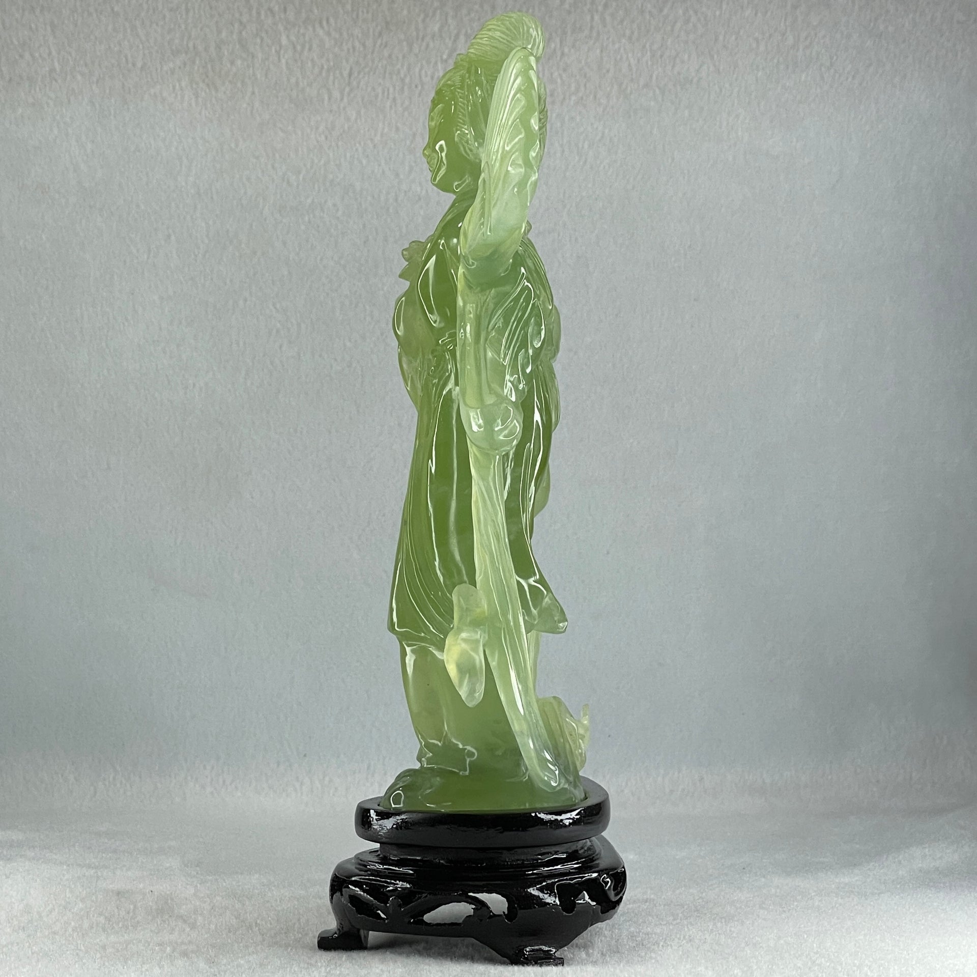 Natural Green Serpentine Fairy with Fan and Flower with Wooden Stand Display 476.2g 130.0 by 70.0 by 225.0mm - Huangs Jadeite and Jewelry Pte Ltd
