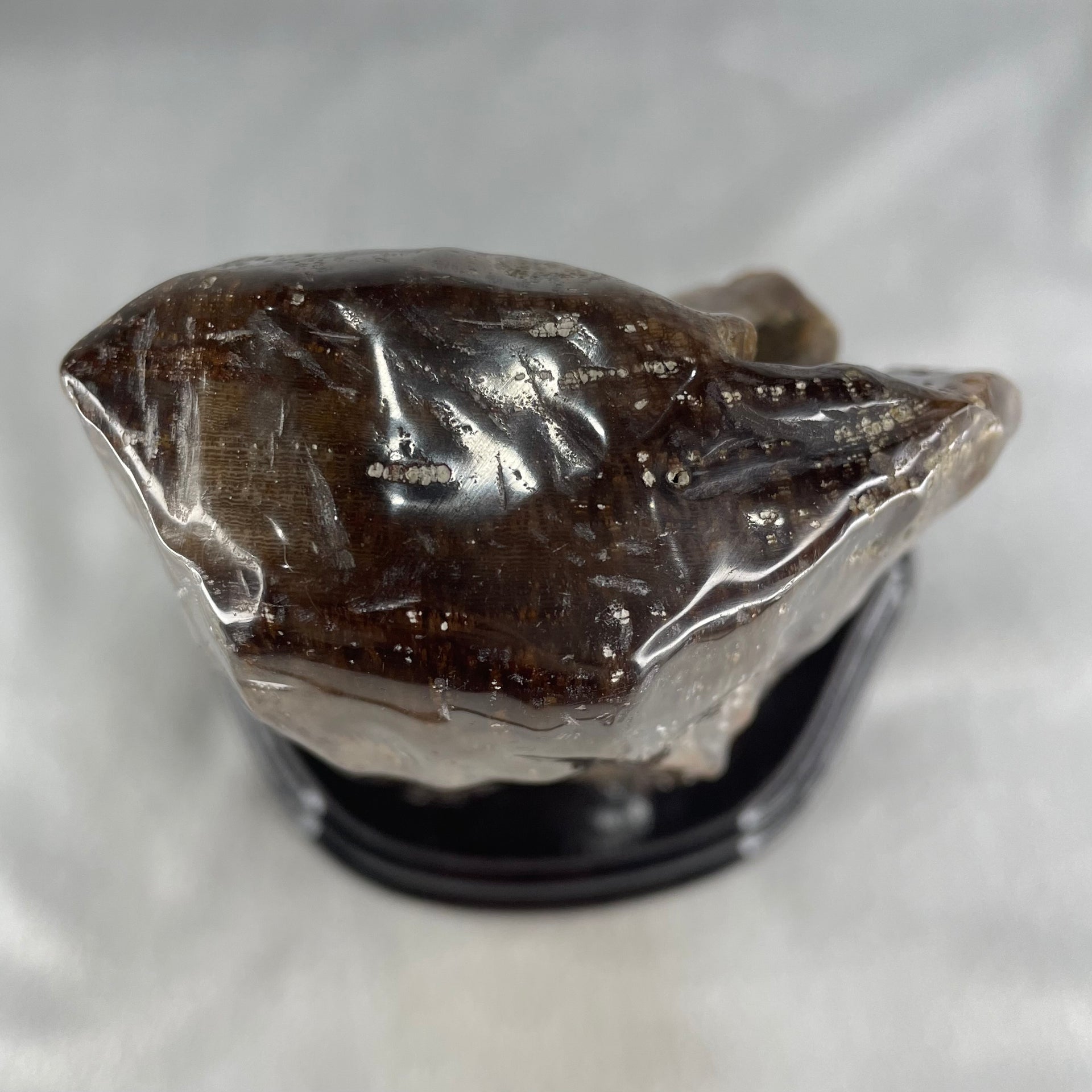 Natural Fossilised Petrified Wood Tower with Wooden Stand Display 1722.7g 185.0 by 146.2 by 110.0mm - Huangs Jadeite and Jewelry Pte Ltd