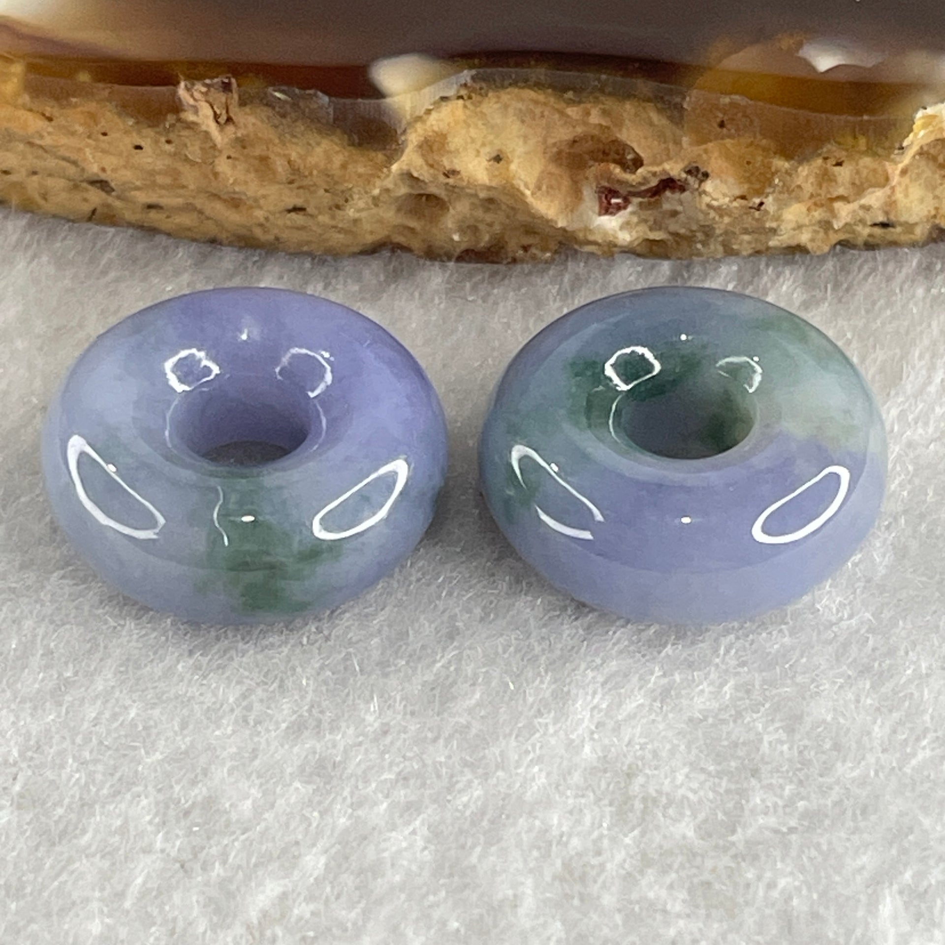 Natural Type A Intense Lavender with Green Piao Hua Jadeite Donut Pair for Setting 5.57g 15.2 by 6.2mm - Huangs Jadeite and Jewelry Pte Ltd