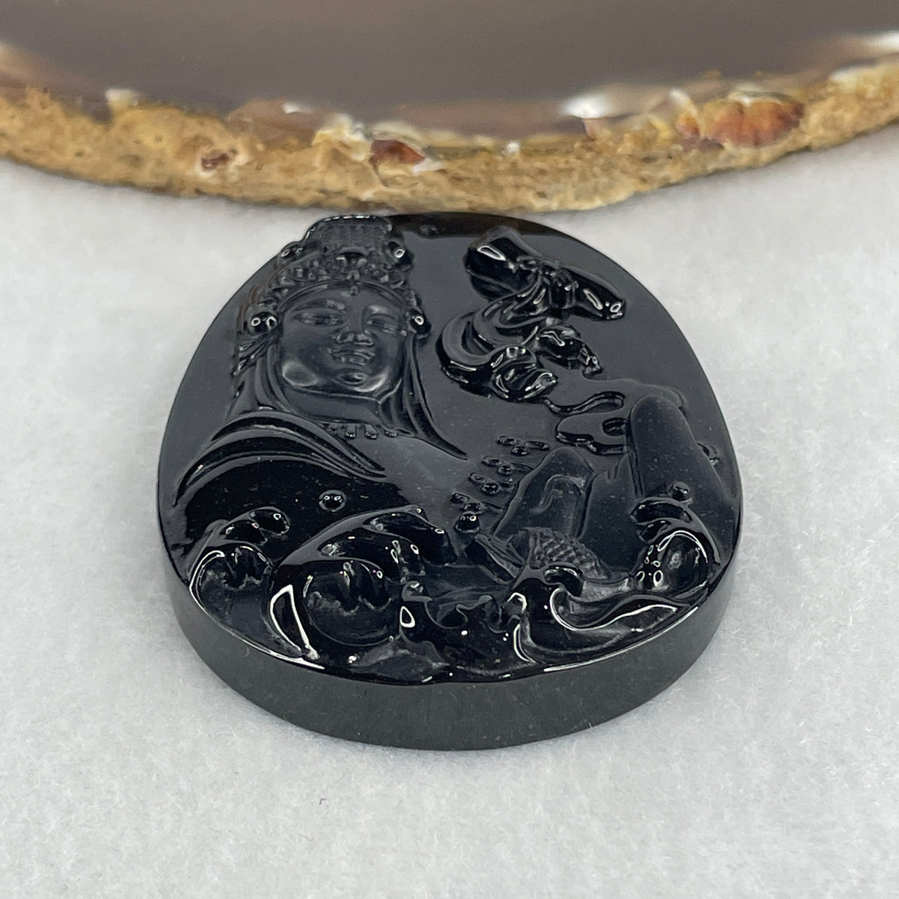 Certified Type A Opaque Black Omphacite Jadeite Samantabhadra Bodhisattva Shan Shui Pendant | Great Practice & Landscape Harmony Talisman (29.07g | 61.2 x 44.7 x 9.9mm)