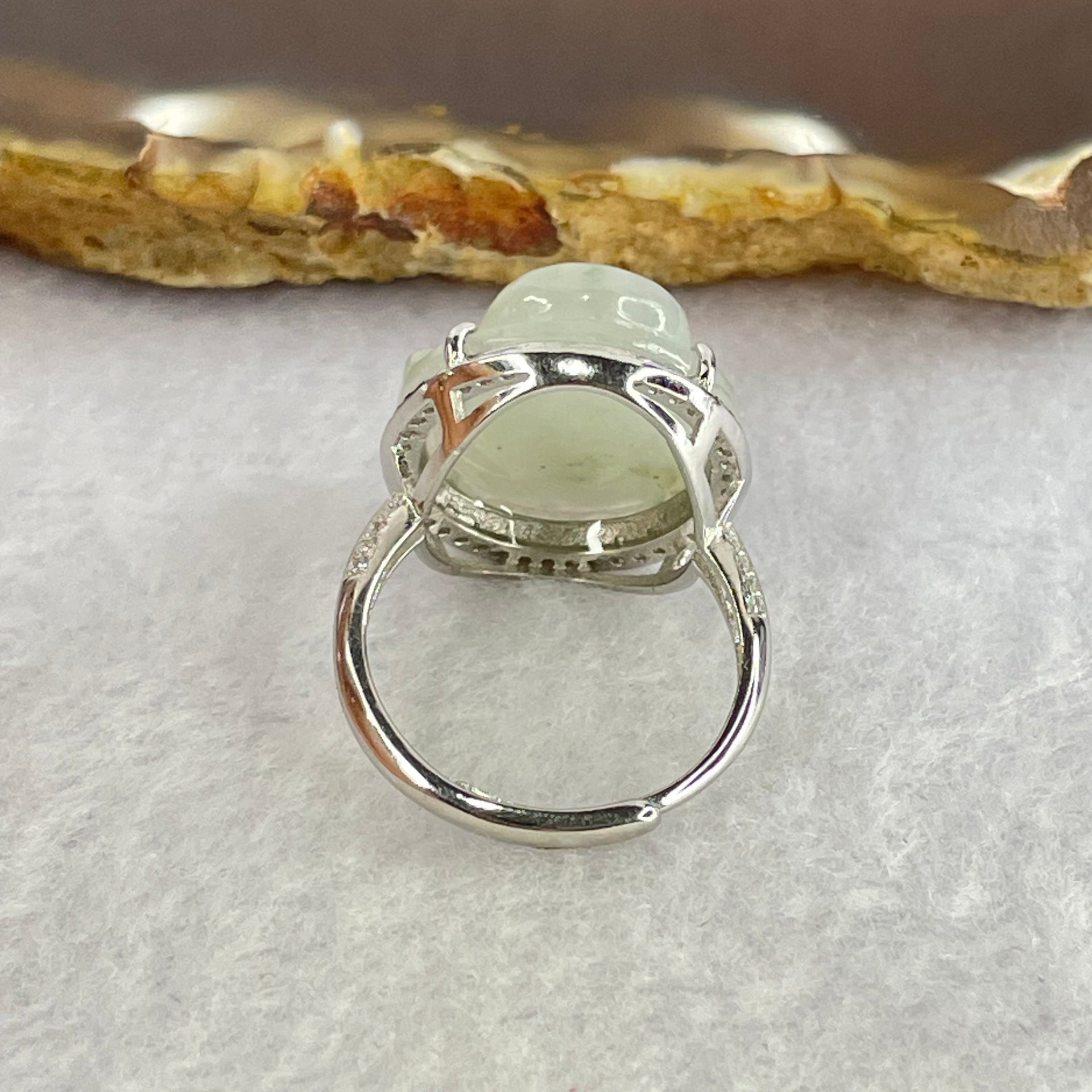 Type A Faint Lavender Green Jadeite Milo Buddha in S925 Ring (Adjustable Size) 5.80g 16.5 by 16.5 by 7.0mm - Huangs Jadeite and Jewelry Pte Ltd