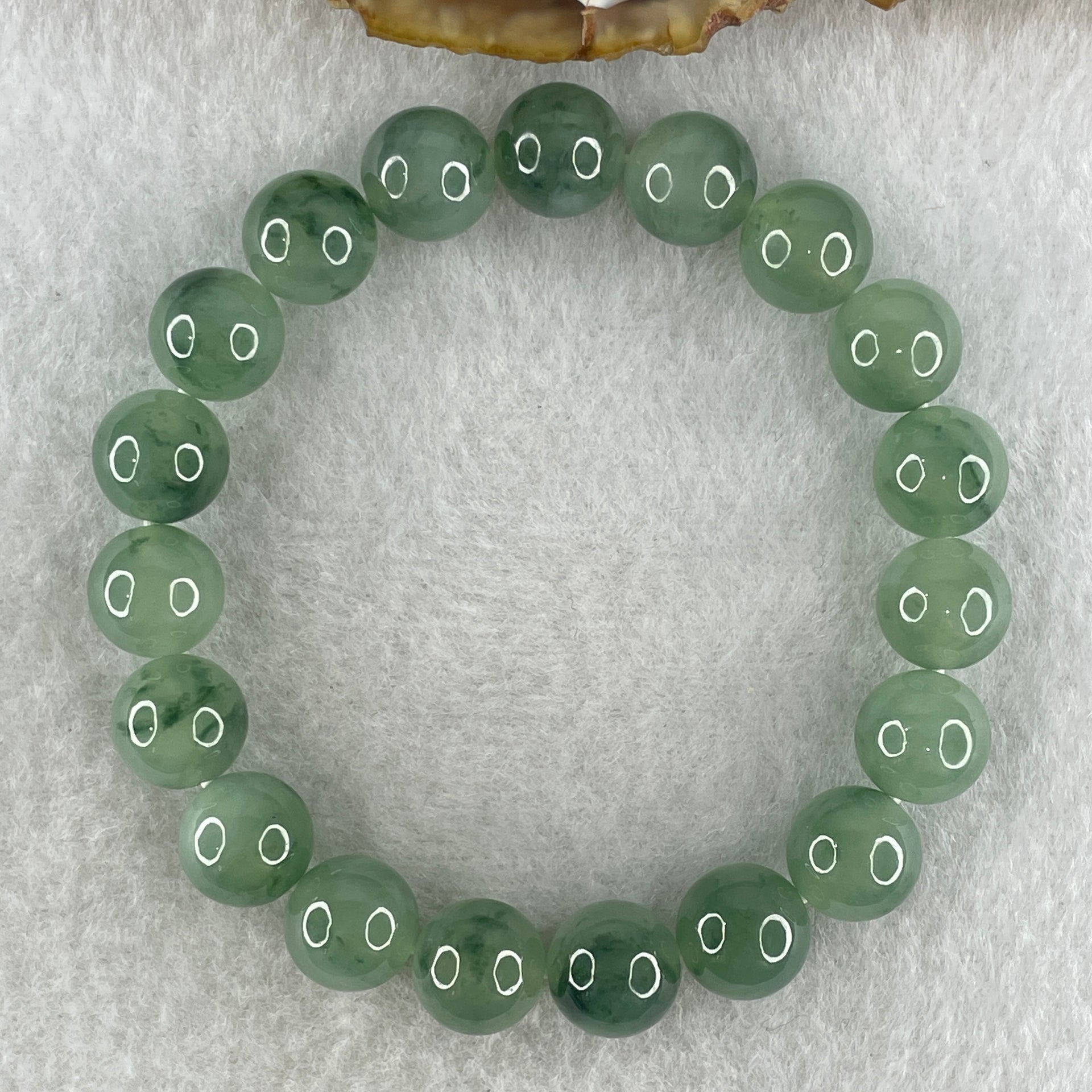 Tye A Natural Jelly Semi Icy Green with Dark Green Piao Hua Jadeite Beads Bracelet 28.75g 14.5cm 9.6mm 19 Beads - Huangs Jadeite and Jewelry Pte Ltd