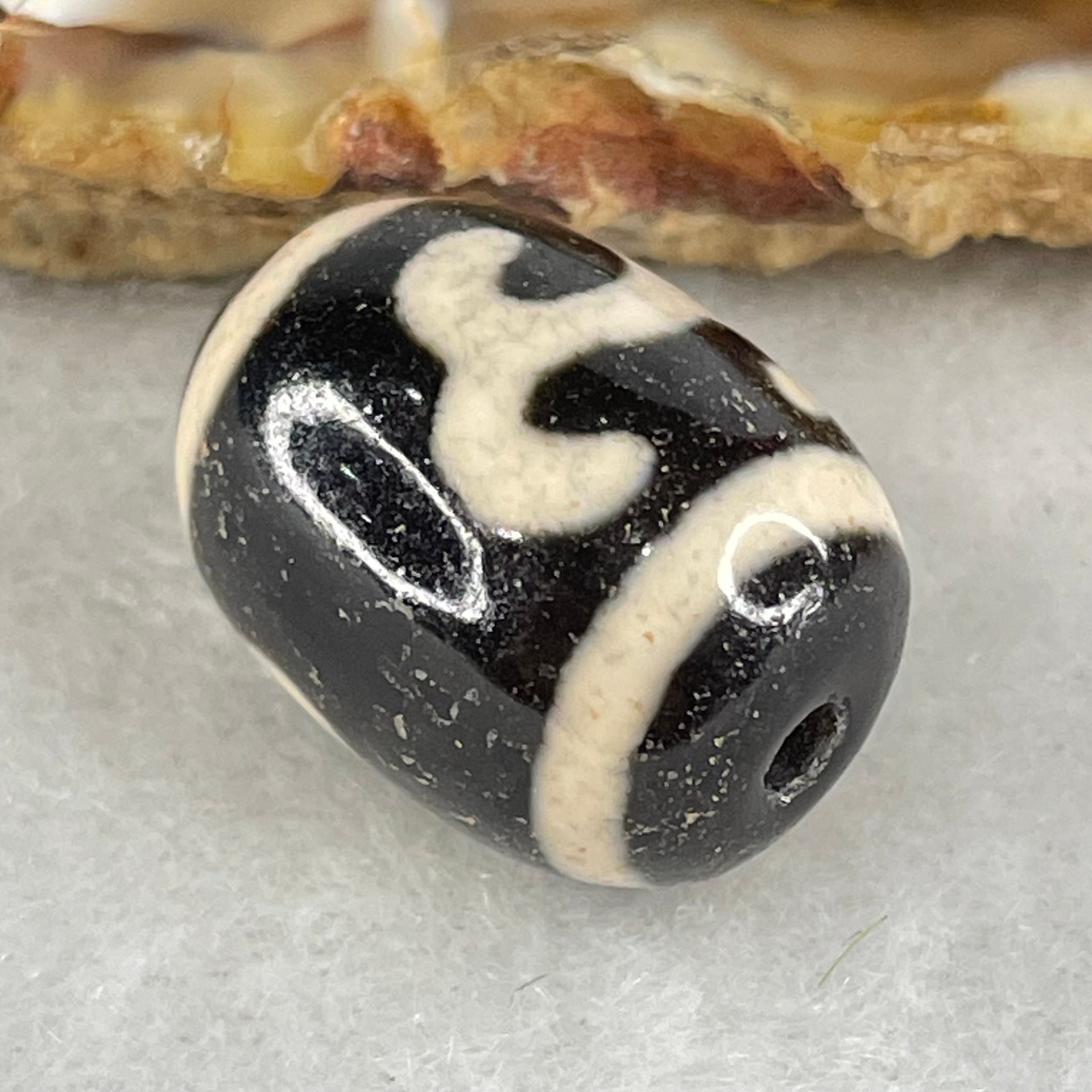 Natural Powerful Tibetan Old Oily Black White Agate Green Tara Dzi Bead Heavenly Master (Tian Zhu) 绿度母天珠 4.99g 17.9 by 13.4mm - Huangs Jadeite and Jewelry Pte Ltd