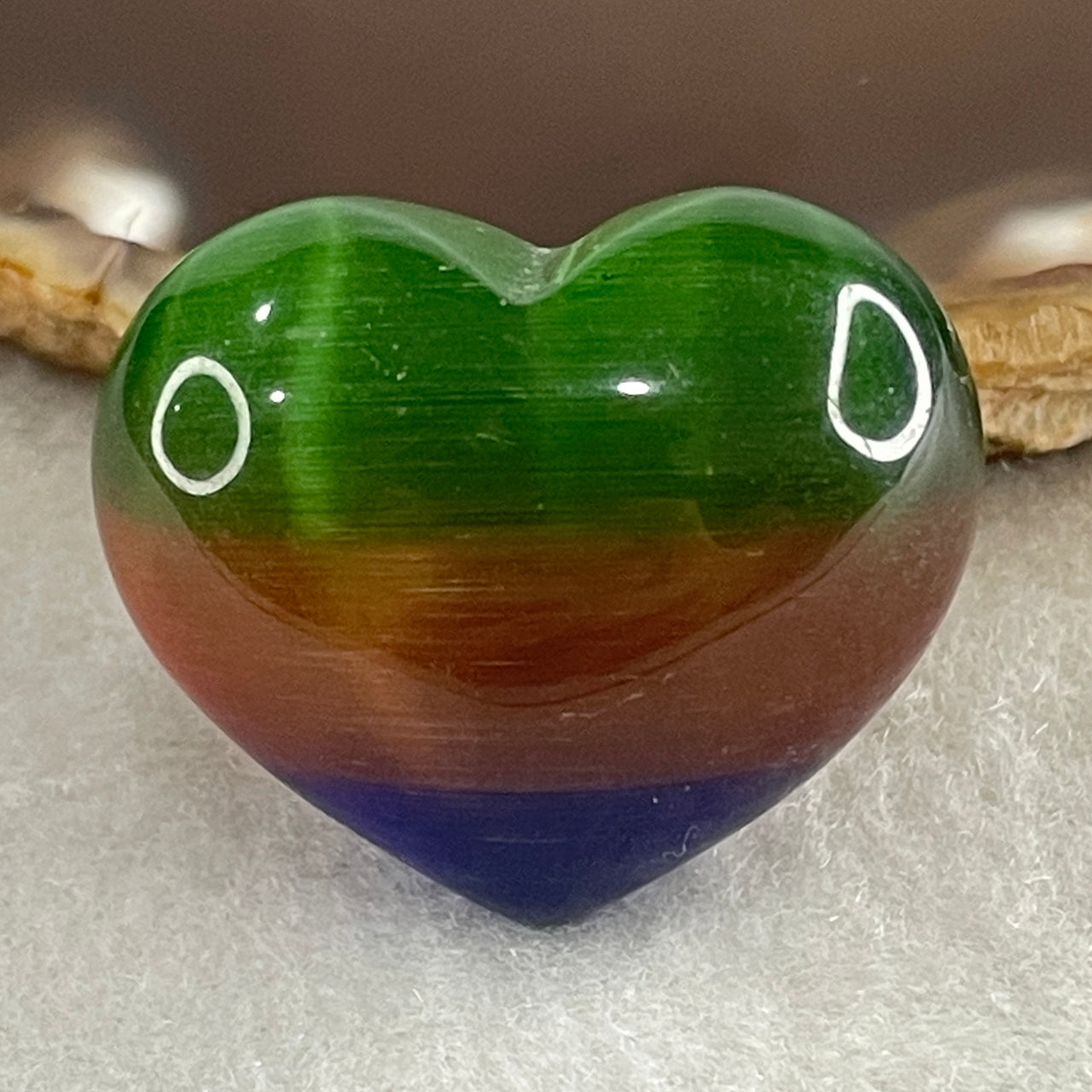 Natural Green with Red and Blue Cats Eye Glass Mini Heart Shape Display 17.49g 30.3 by 25.4 by 16.1mm - Huangs Jadeite and Jewelry Pte Ltd