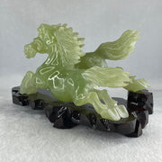 Natural Green Serpentine Double Horse with Wooden Stand Display 971.8g 220.0 by 104.5 by 115.0mm - Huangs Jadeite and Jewelry Pte Ltd