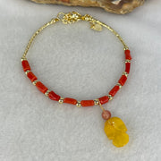 Natural Red Coral with Natural Butterscotch Amber Leaf Charm in Gold Color Bracelet 3.74g 6.2 by 2.6mm 11pcs - Huangs Jadeite and Jewelry Pte Ltd