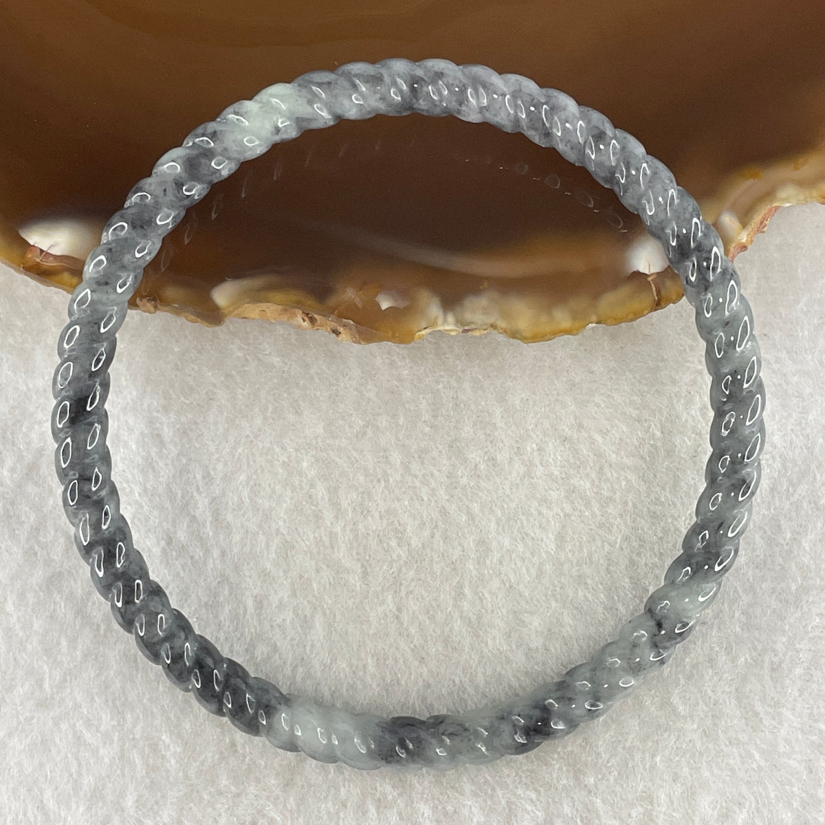 Natural Type A Wuji Grey Jadeite Twisted Bangle | 59.2mm Inner Diameter (13.87g 5.3x5.4mm | Continuous Fortune & Root Shield) - Huangs Jadeite and Jewelry Pte Ltd