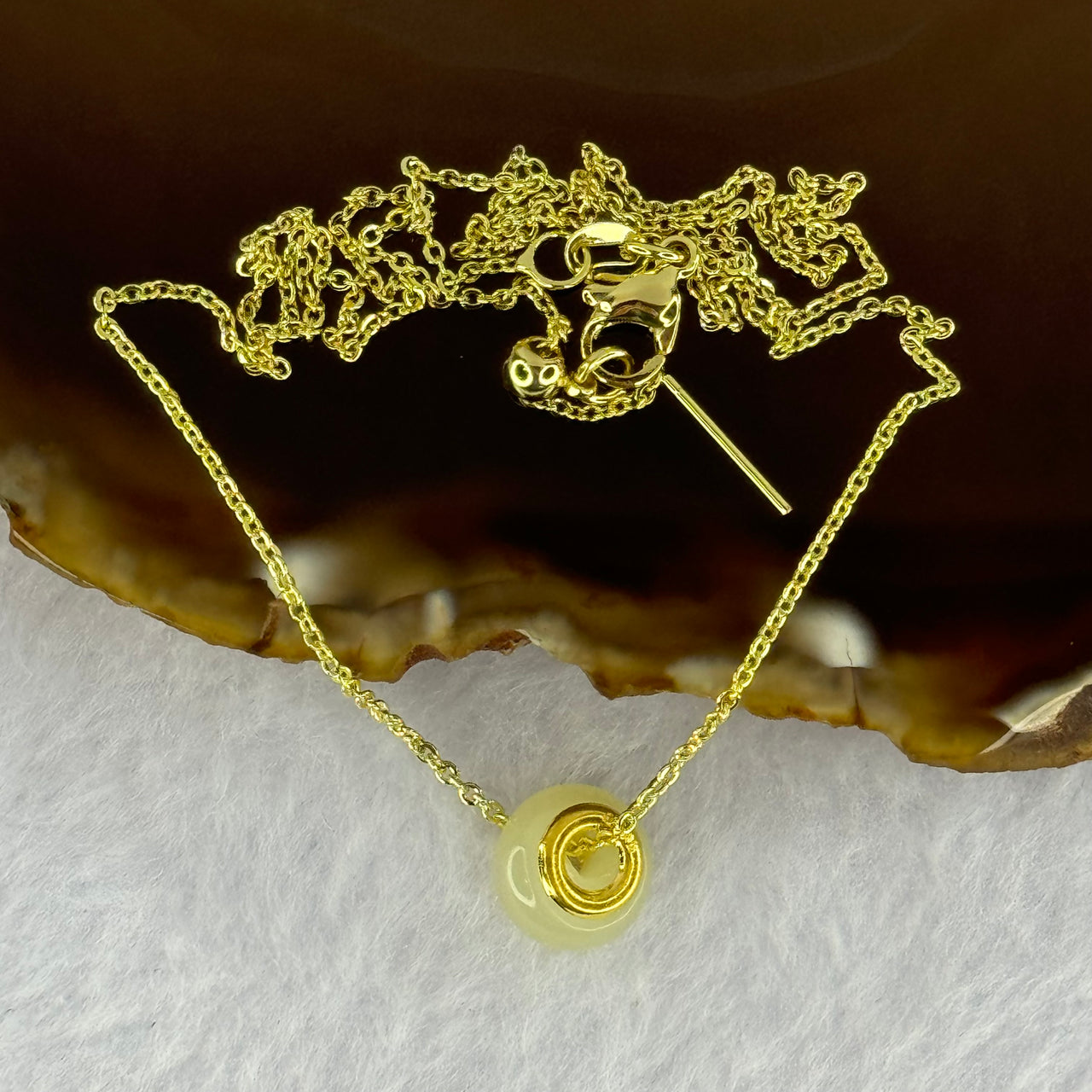 Natural Yellowish Nephrite Ping An Kou Donut 999 Gold Pendent in Gold Color Necklace 2.91g 10.1 by 6.5mm - Huangs Jadeite and Jewelry Pte Ltd