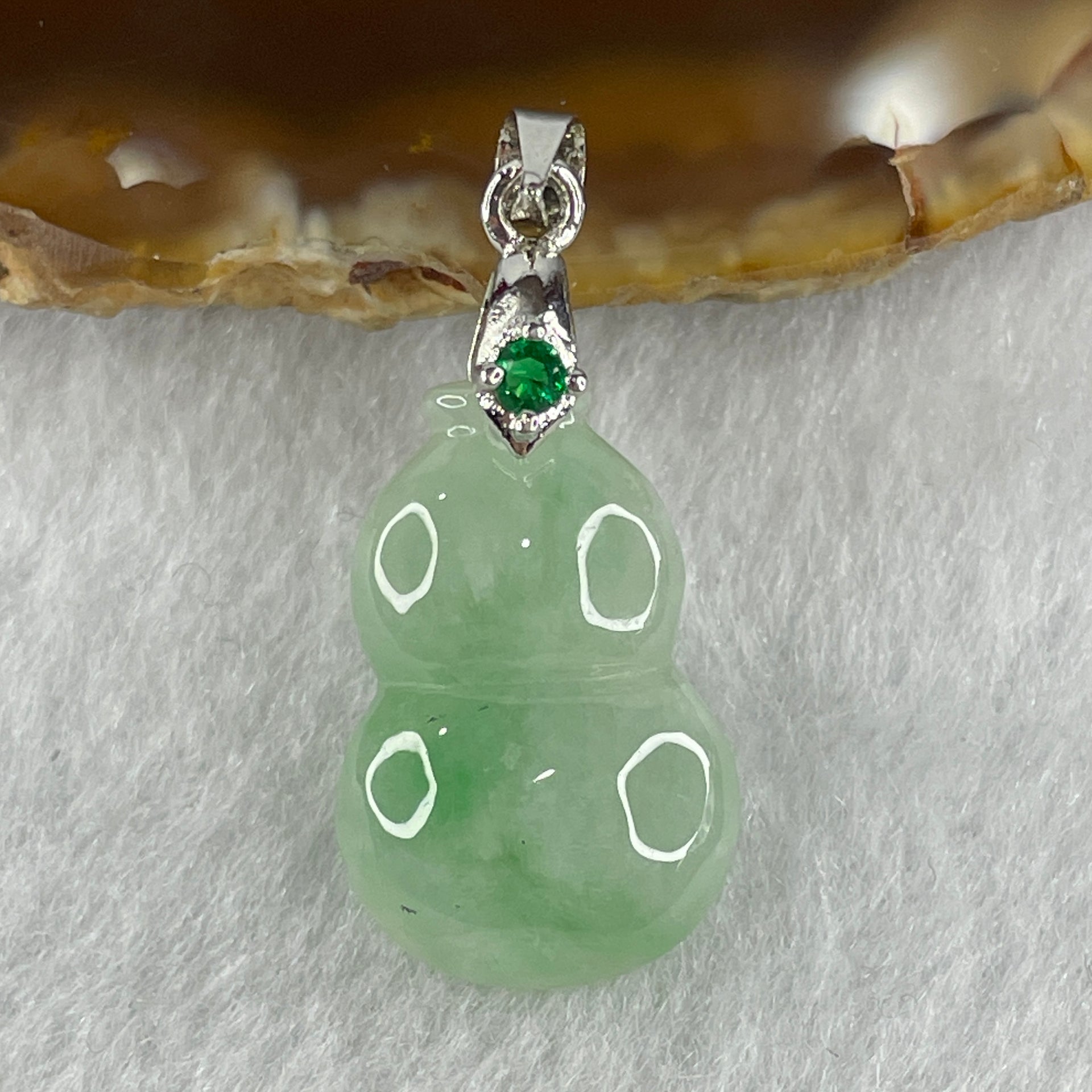 Natural Type A Semi Icy Light Green with Apple Green Piao Hua Flora Jadeite Calabash Hulu Pendant in Stainless Steel Clasp 2.44g 21.0 by 13.8 by 4.9mm - Huangs Jadeite and Jewelry Pte Ltd