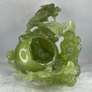 Natural Green Serpentine Dragon with Shou Xing Gong and Tong Zi with Wooden Stand Display 2610.6g 200.0 by 175.0 by 215.0mm - Huangs Jadeite and Jewelry Pte Ltd