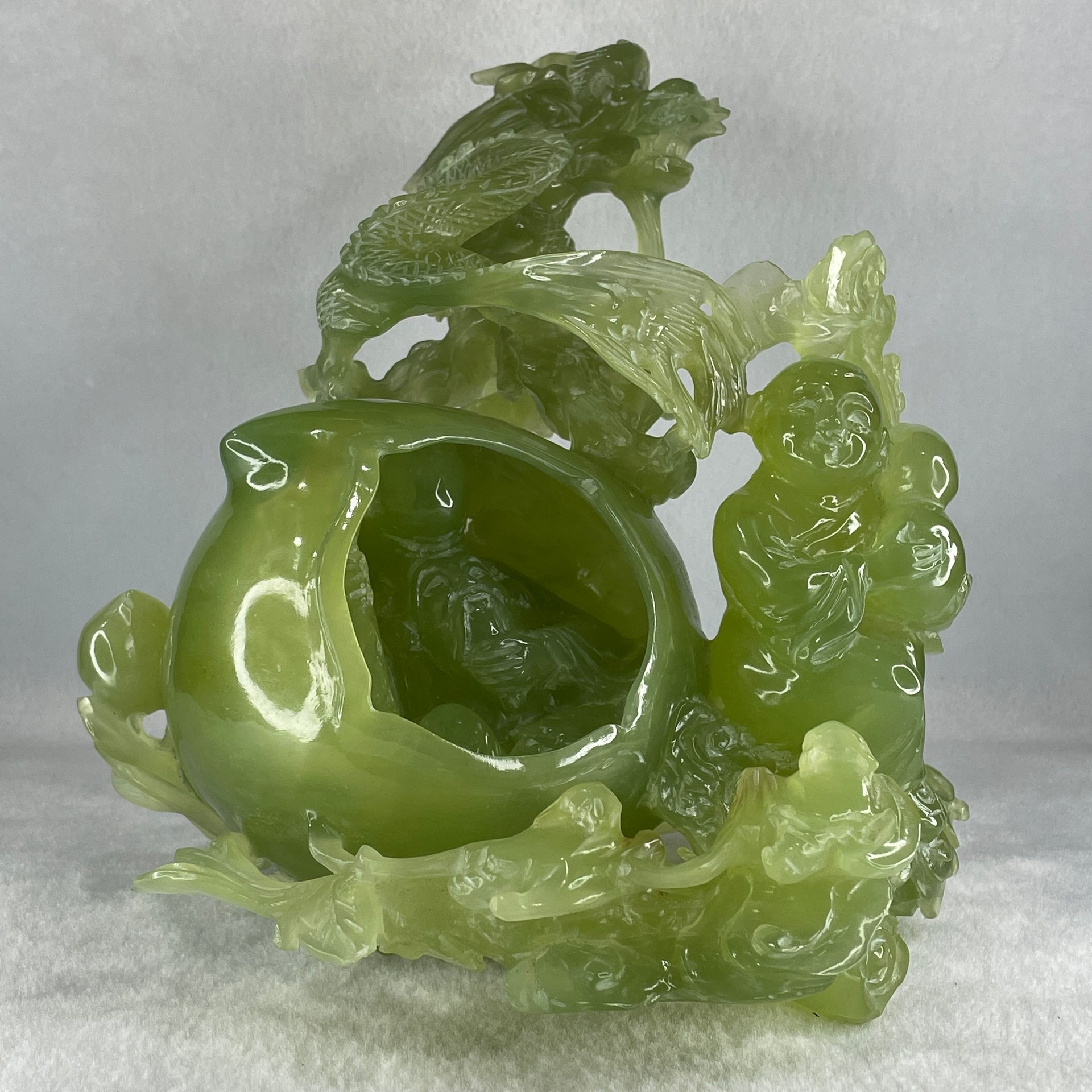 Natural Green Serpentine Dragon with Shou Xing Gong and Tong Zi with Wooden Stand Display 2610.6g 200.0 by 175.0 by 215.0mm - Huangs Jadeite and Jewelry Pte Ltd