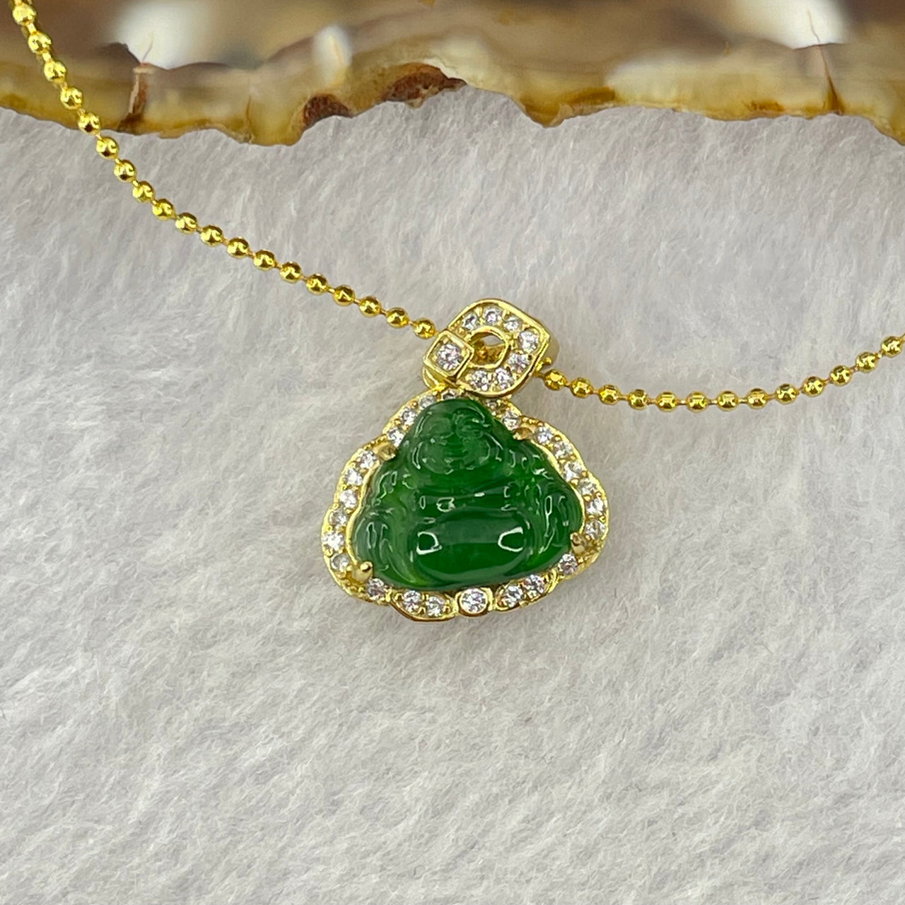 Type A Icy Green Omphasite Jadeite Milo Buddha with Crystals in Silver Gold Color Necklace 3.37g 9.8 by 12.4 by 3.0m - Huangs Jadeite and Jewelry Pte Ltd
