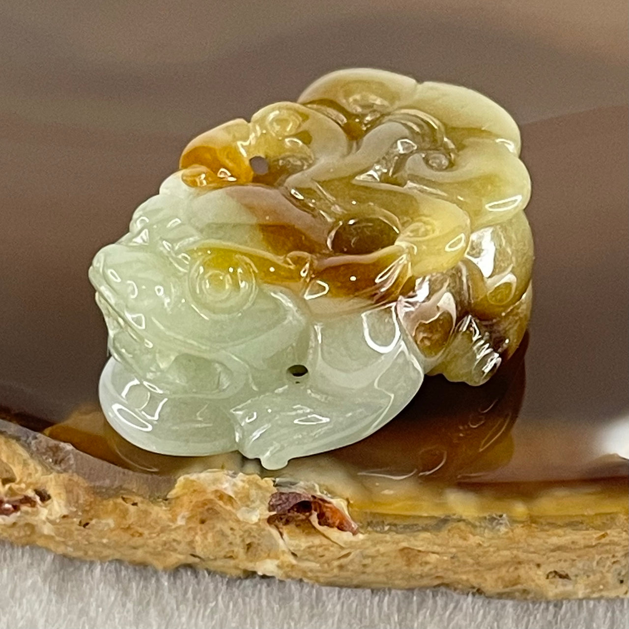 Type A Yellowish Brown and Blueish Green Jadeite Male Pixiu Pendant 10.97g 27.5 by 18.3 by 11.1mm - Huangs Jadeite and Jewelry Pte Ltd