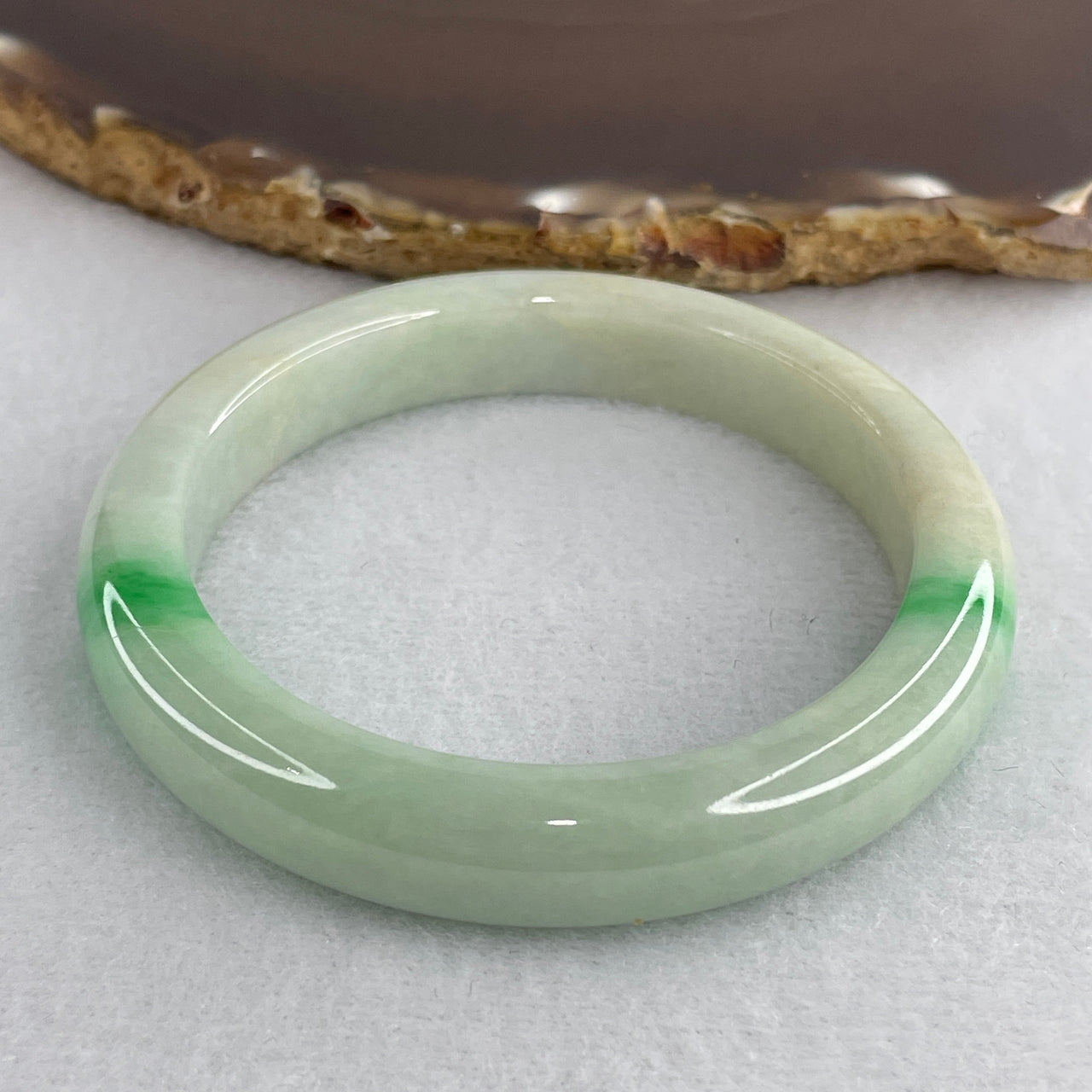 Natural Type A Multicolor Jadeite Bangle | 53.2mm Light Green with High-Saturation Emerald Green Patches | Close to Perfect Premium Luxury "Fei Cui" Round Wrist Heirloom (43.53g 10.5x8.3mm)