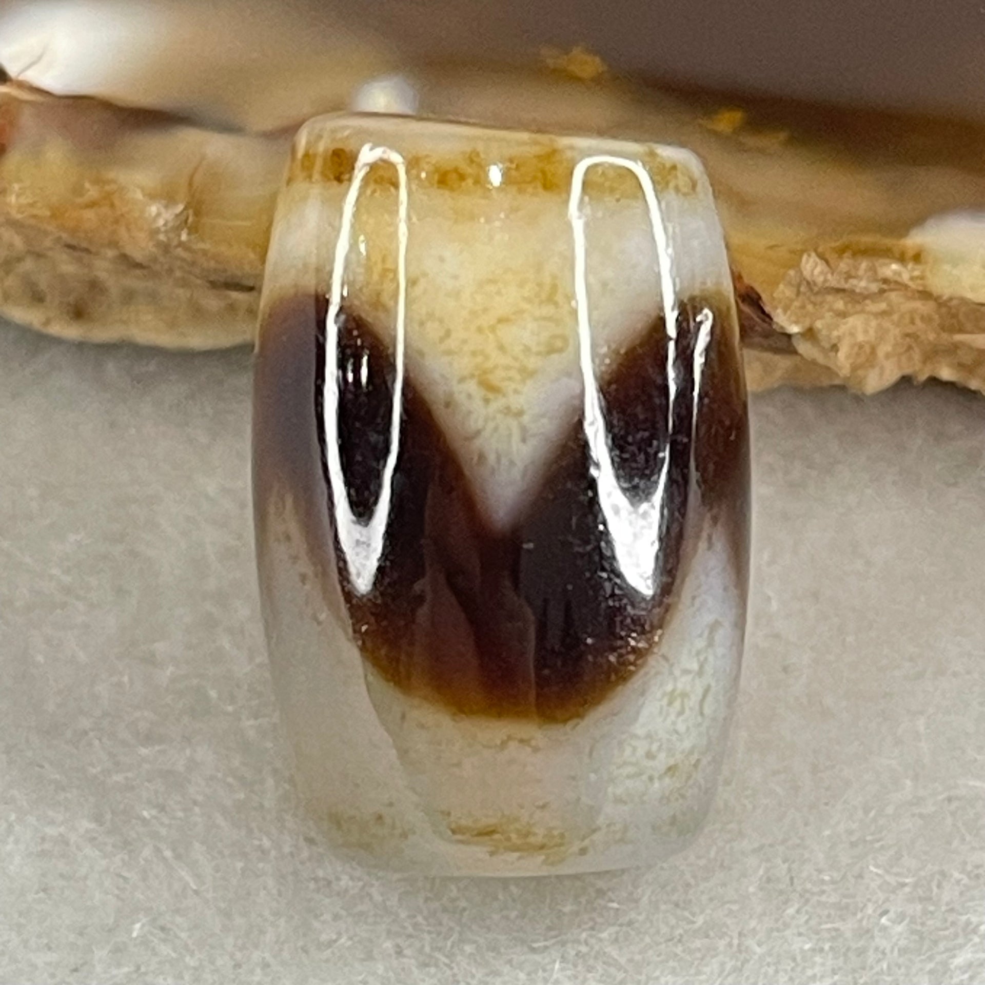 Natural Powerful Tibetan Old Oily Agate Tiger Tooth Daluo Dzi Bead Heavenly Master (Tian Zhu) 虎呀天诛 4.90g 18.7 by 12.4mm - Huangs Jadeite and Jewelry Pte Ltd