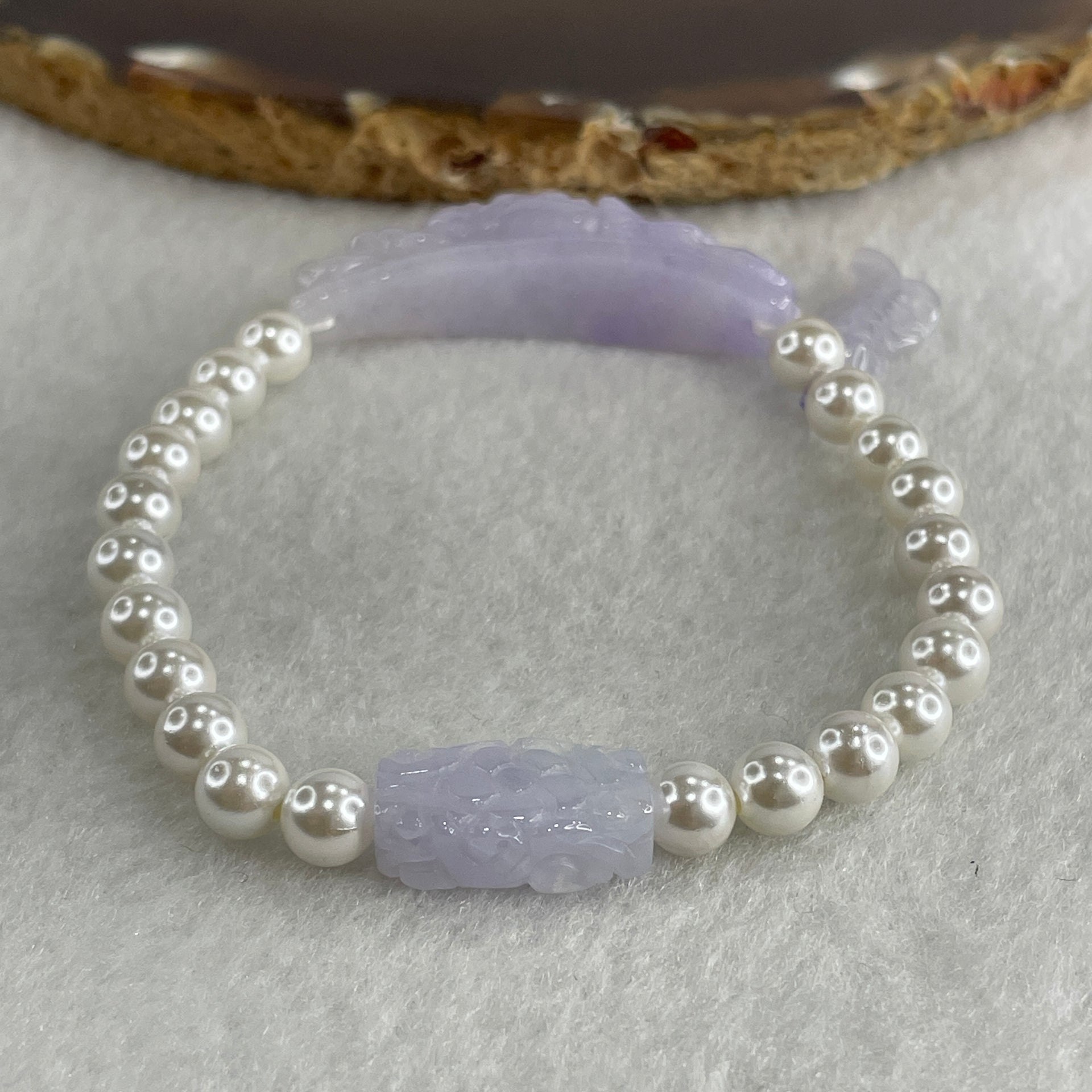 Natural Type A Intense Lavender Jadeite Flower with Faux Pearl Beads Bracelet 17.09g 15.5cm 40.0 by 10.3 by 10.5mm - 17.0 by 9.4 by 5.8mm - Huangs Jadeite and Jewelry Pte Ltd