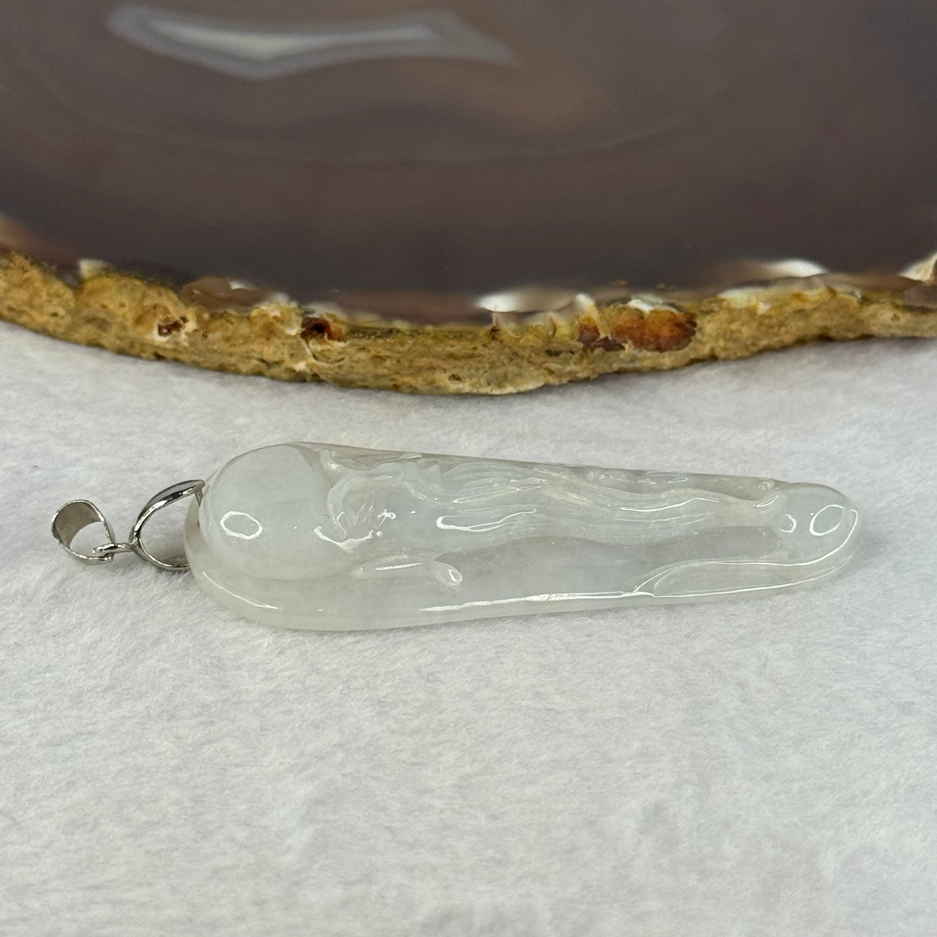 Type A Light Lavender Green Jadeite Shou Xing Gong Pendent With 18KGP Sliver Claps 24.08g 64.4 by 29.3 by 9.8mm - Huangs Jadeite and Jewelry Pte Ltd