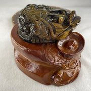 Natural Yellow Tiger's Eye Quartz 3 Legged Toad with Ancient Coin with Wooden Stand Display635.0g 128.1 by 90.7 by 92.5mm - Huangs Jadeite and Jewelry Pte Ltd
