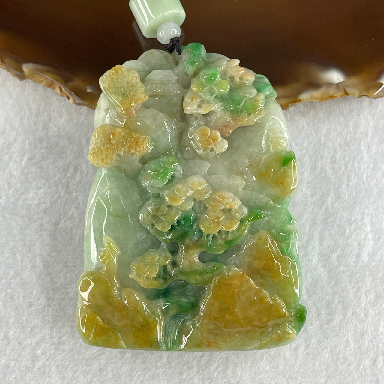 Grand Master Double Certified Natural Type A Light Green with Yellow and Spicy Green Patches Jadeite Shan Shui Scenic Gui Ren Benefactor Pendant 117.88g 68.9 by 49.3 by 15.8mm
