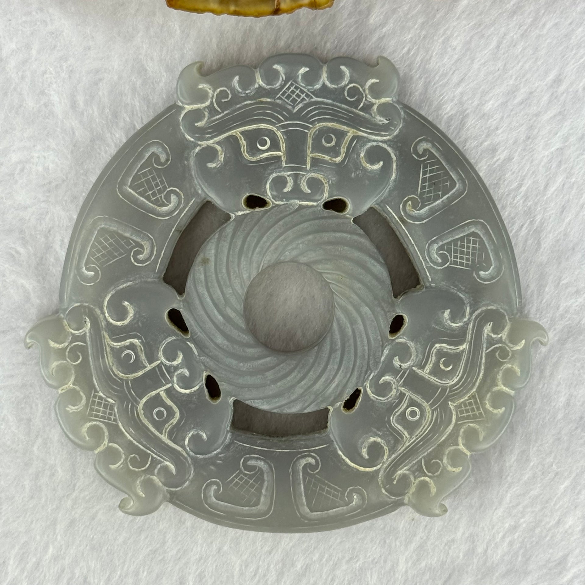 Rare Natural Greyish Lavender Nephrite 3 Mystical Beasts Double Ping An Kou Donut Ornament for Protection and Prosperity 108.05g 80.3 by 73.8 by 10.9mm - Huangs Jadeite and Jewelry Pte Ltd