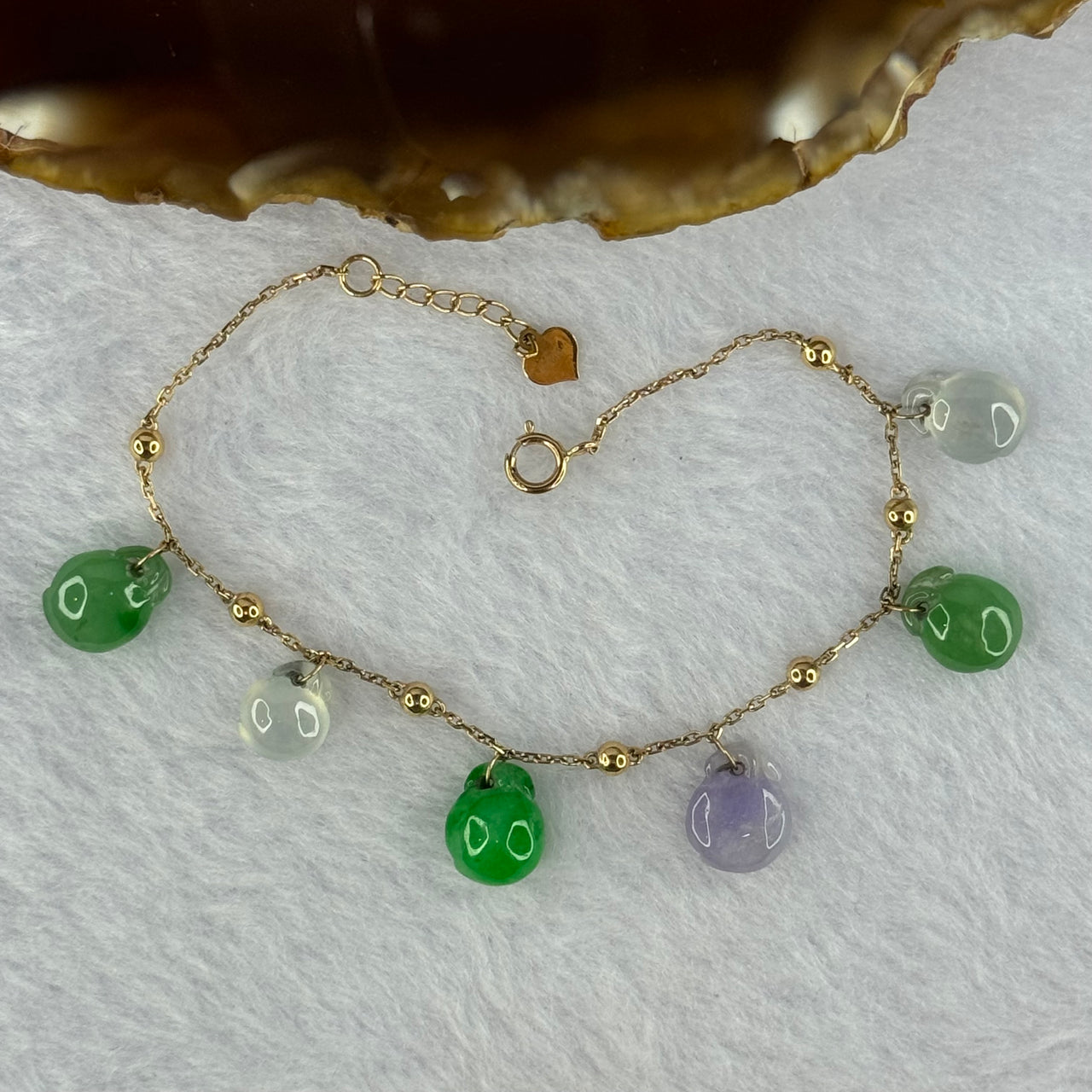 Type A Mixed Color Jadeite Peaches in 18K AU750 Rose Gold Bracelet 5.67g 10.4 by 8.2 by 6.5mm 6pcs - Huangs Jadeite and Jewelry Pte Ltd