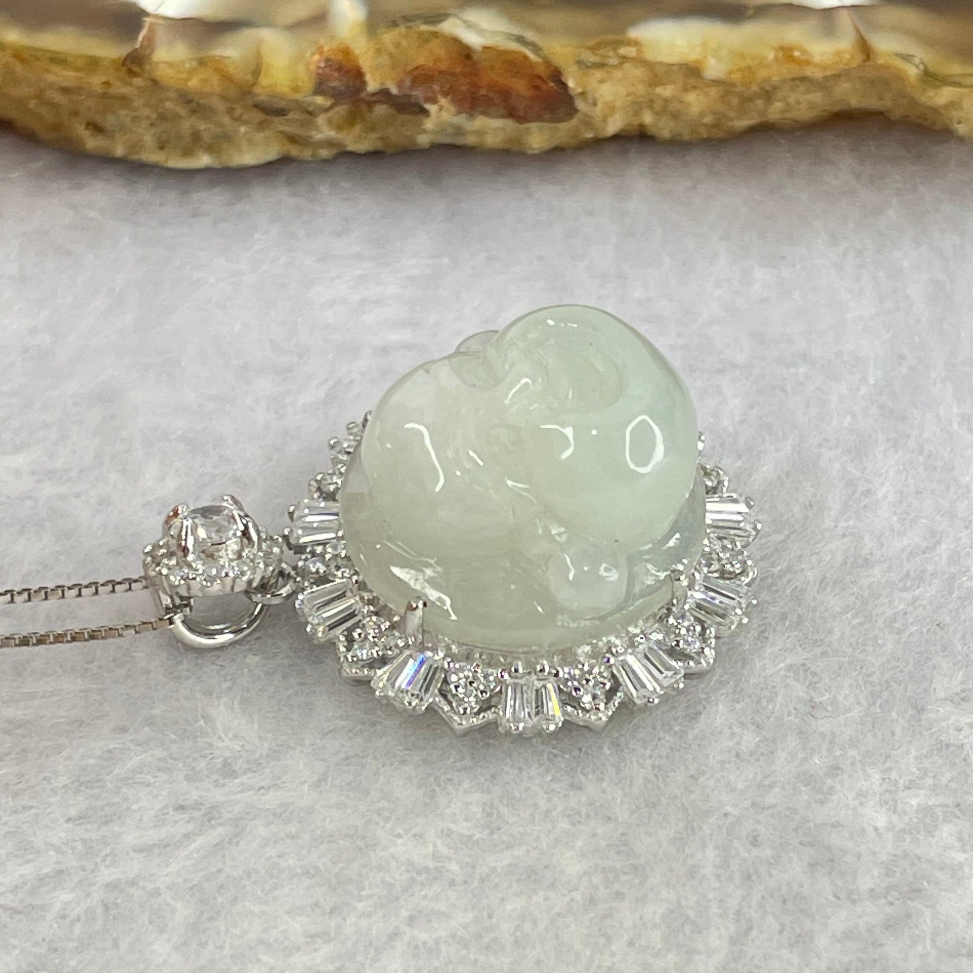 Type A Faint Lavender Green Milo Buddha with Crystals in S925 Sliver Pendant and Necklace 7.52g 16.3 by 16.3 by 11.3mm - Huangs Jadeite and Jewelry Pte Ltd