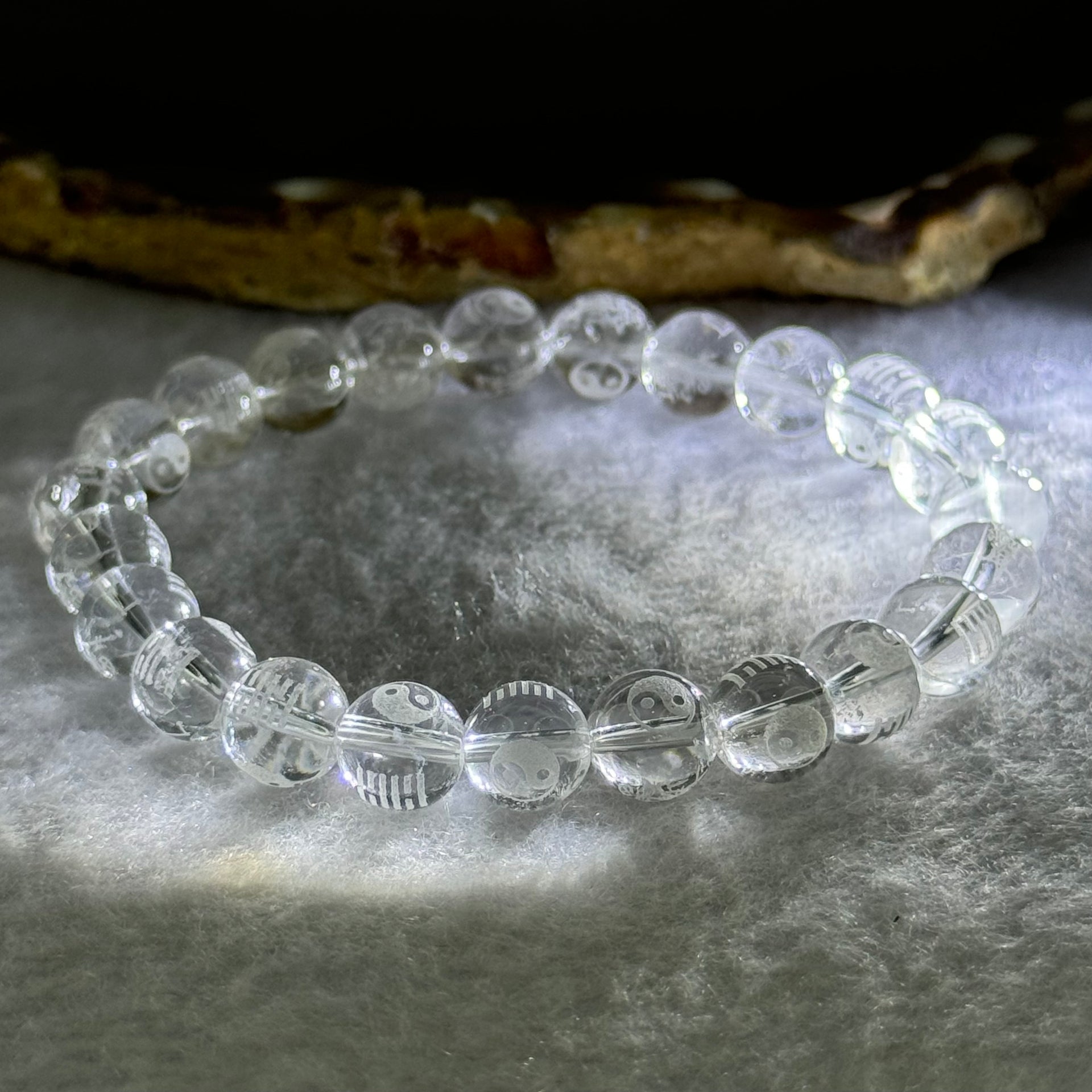 Natural Clear Quartz Beads with Inscription Bracelet 17.94g 15.5cm 8.4mm 23 Beads - Huangs Jadeite and Jewelry Pte Ltd