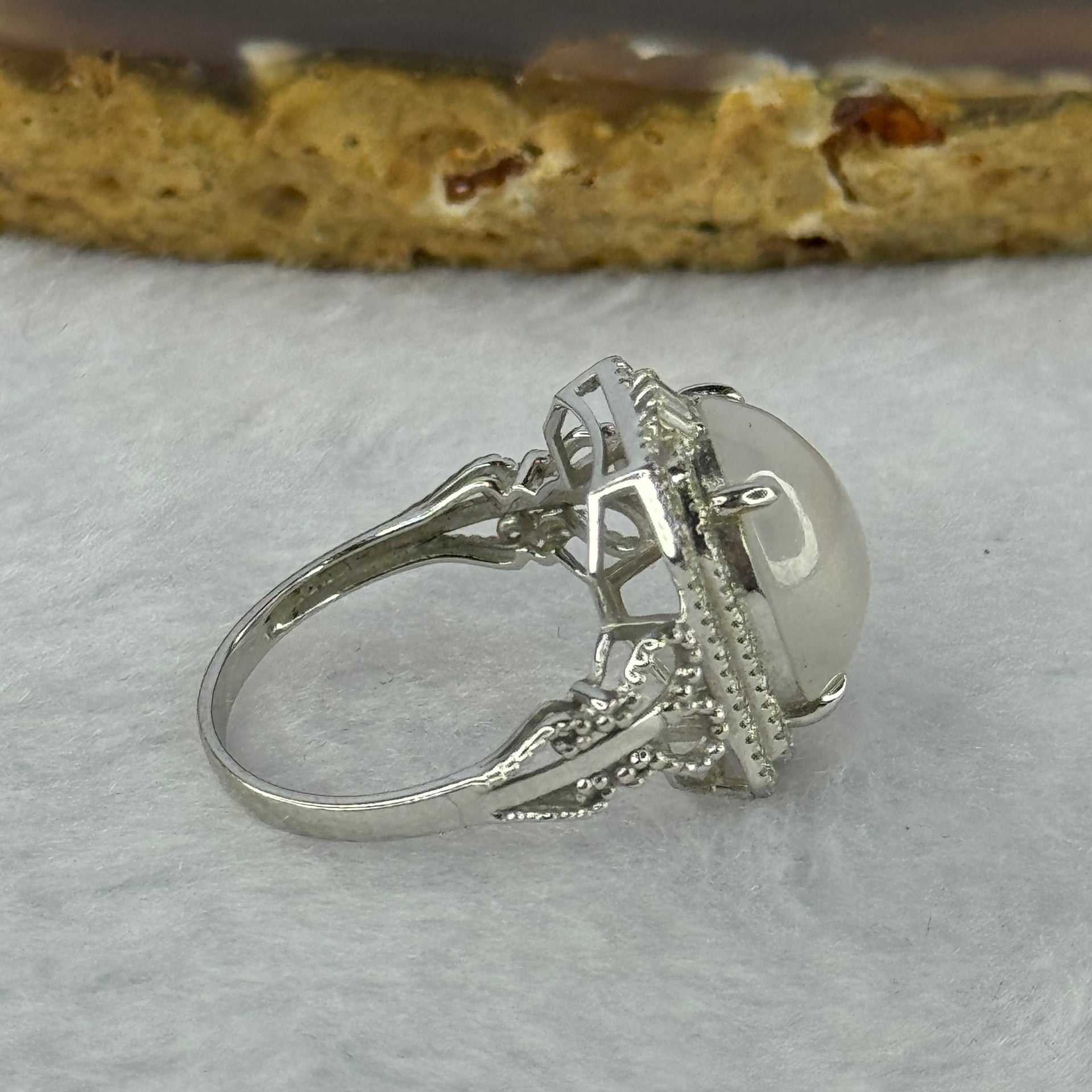 18K White Gold Type A White Jadeite with diamonds Ring 4.47g 12.7 by 10.9 by 4.5mm US6.5 HK14 - Huangs Jadeite and Jewelry Pte Ltd