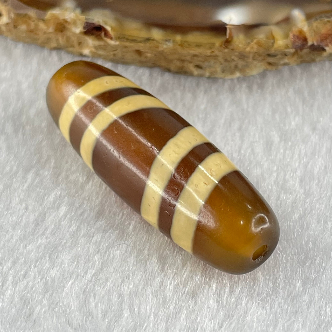 Natural Powerful Tibetan Old Oily Yellowish Brown with Yellowish White Agate 4 Lines Bead Heavenly Master (Tian Zhu) 9.39g 38.7 by 12.5mm - Huangs Jadeite and Jewelry Pte Ltd