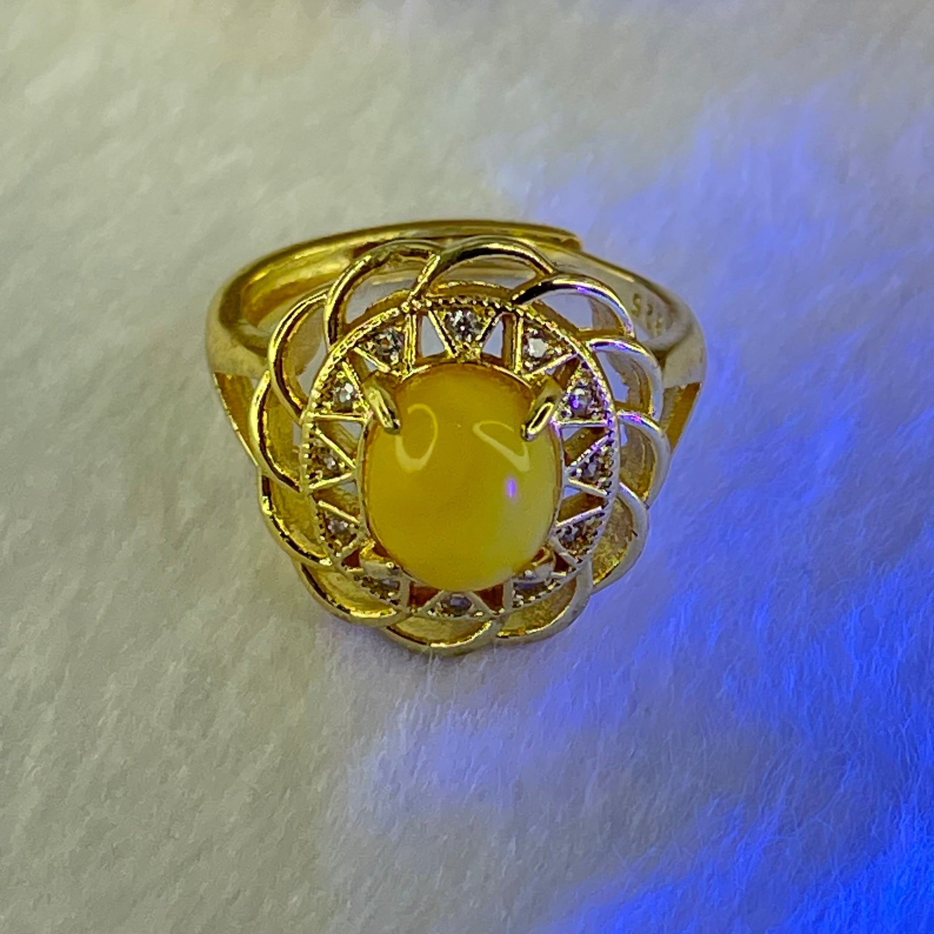 Natural Butterscotch Amber With Crystals in S925 Sliver Gold Color Ring (Adjustable Size) 3.74g 8.9 by 7.2 by 5.0mm - Huangs Jadeite and Jewelry Pte Ltd