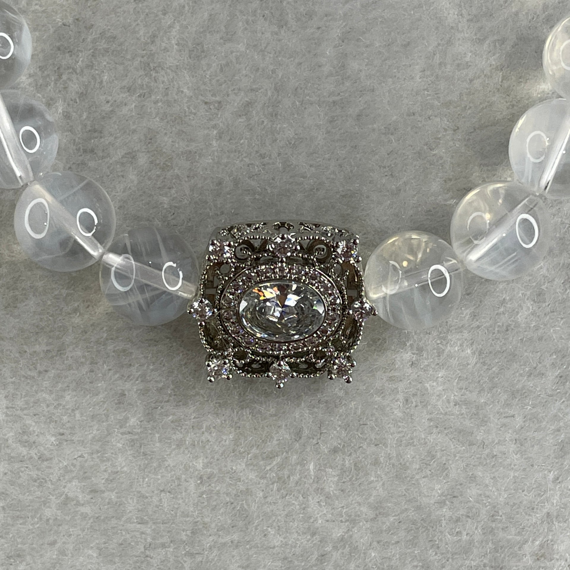 Good Grade Natural White Phantom Quartz Beads Bracelet with Charm 26.36g 16.5cm 9.7mm 19 Beads - 9.1 by 8.1 by 2.0mm Charm - Huangs Jadeite and Jewelry Pte Ltd