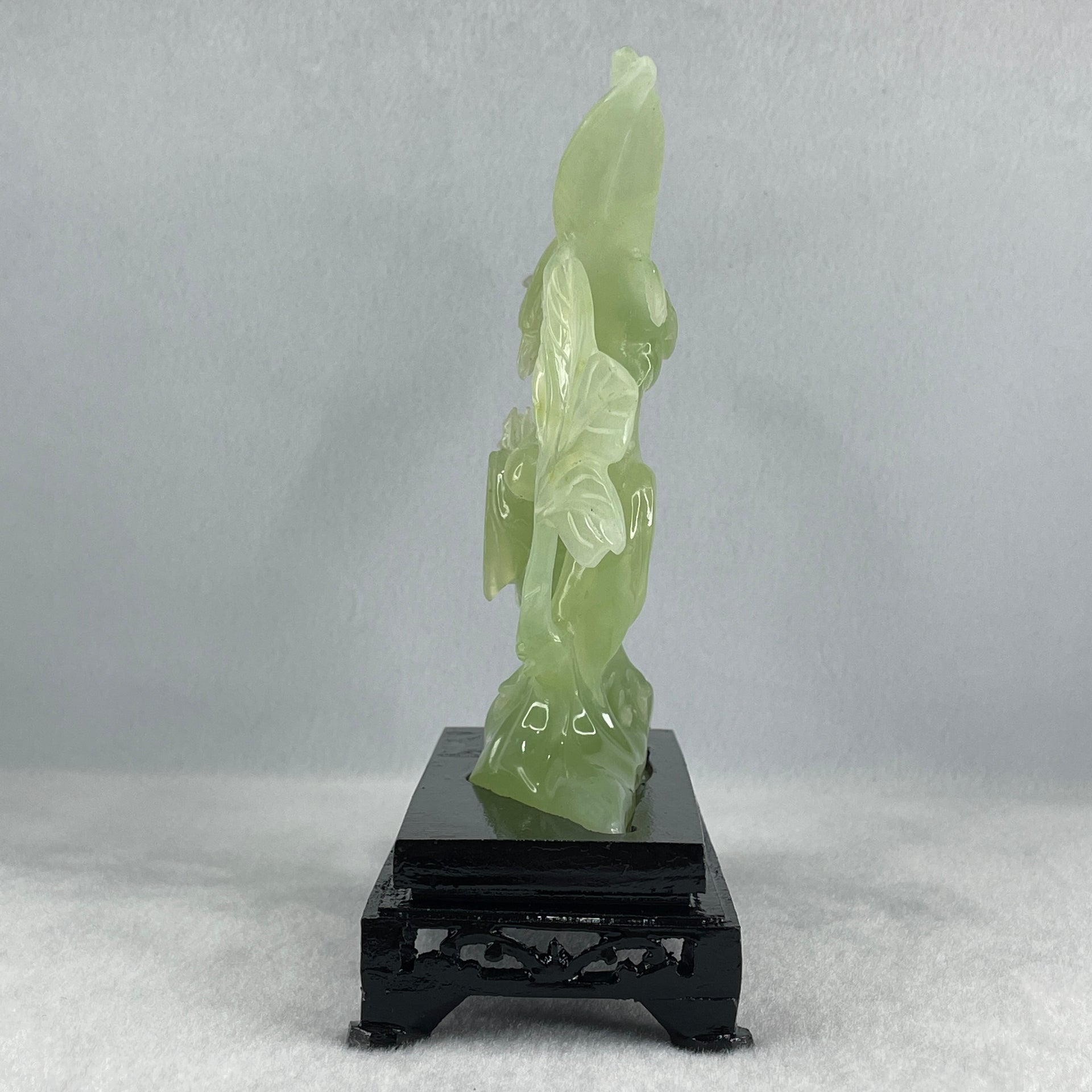 Natural Green Serpentine Double Phoenix with Wooden Stand Display 411.1g 25.0 by 70.0 by 170.0mm - Huangs Jadeite and Jewelry Pte Ltd