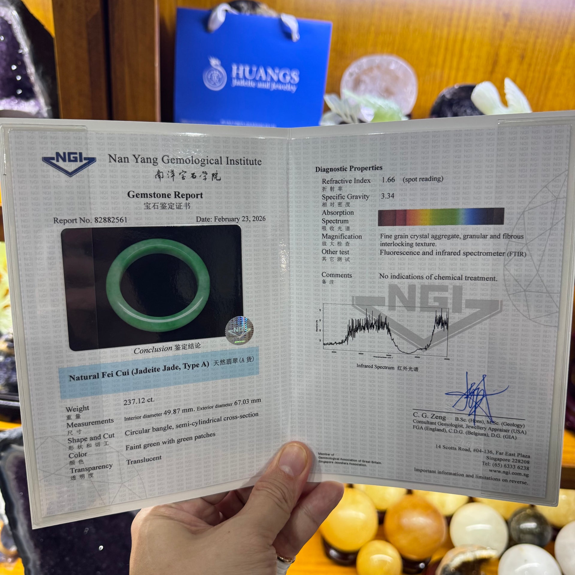 Certified Type A Apple Green Jadeite Bangle Internal Diameter 49.87mm External Diameter 67.03mm 237.12ct 47.85g 10.8 by 8.8mm (Very Slight Internal Lines) with NGI Cert - Huangs Jadeite and Jewelry Pte Ltd