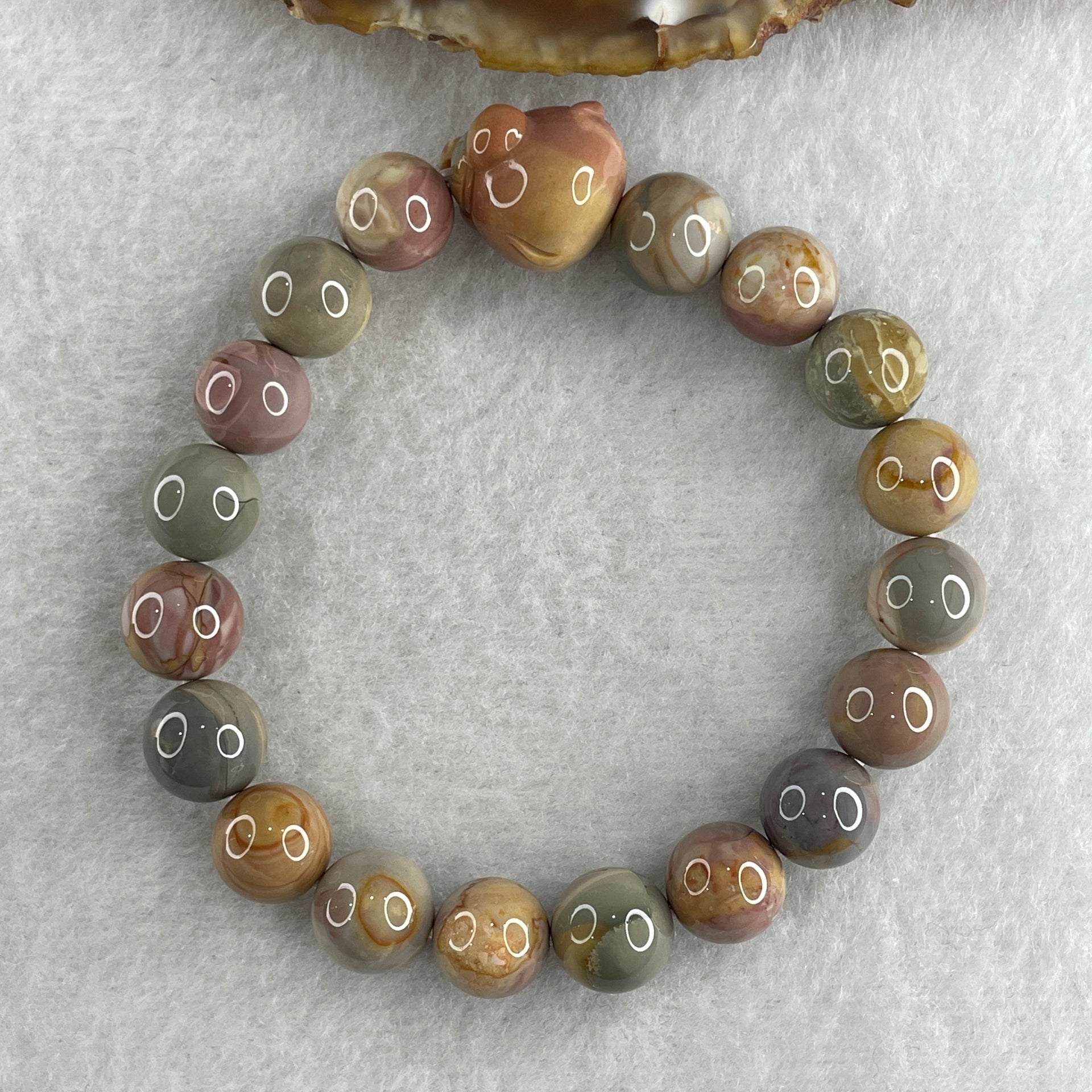 Natural Alashan Agate Pastels Pink Beads with Pig Charm Bracelet 29.54g 16cm 10.2mm 18 Beads - Huangs Jadeite and Jewelry Pte Ltd