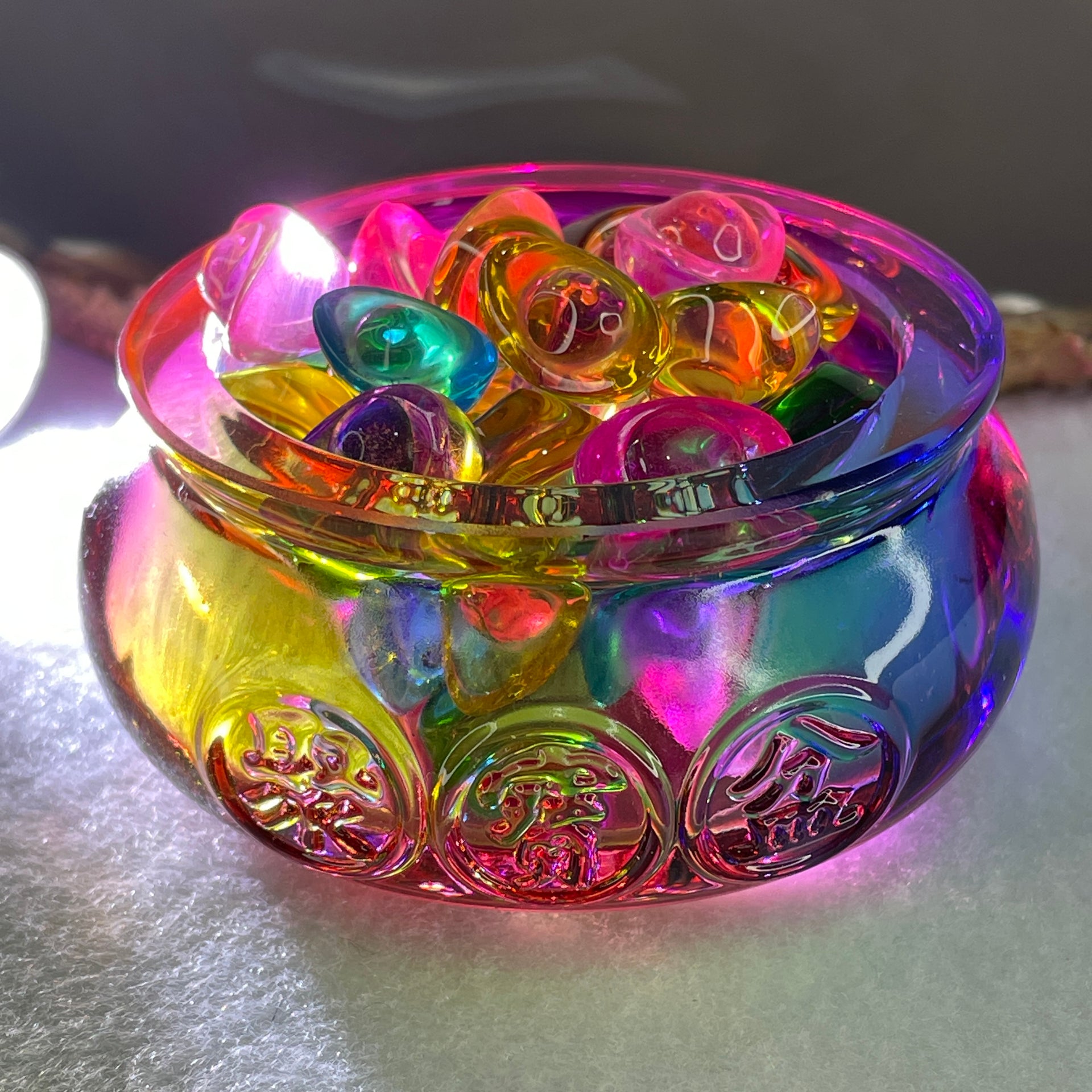 Muti Color Liuli Wealth Pot with Ingot Yuan Bao Display Total Weight 211.75g 72.6 by 33.5mm - Huangs Jadeite and Jewelry Pte Ltd